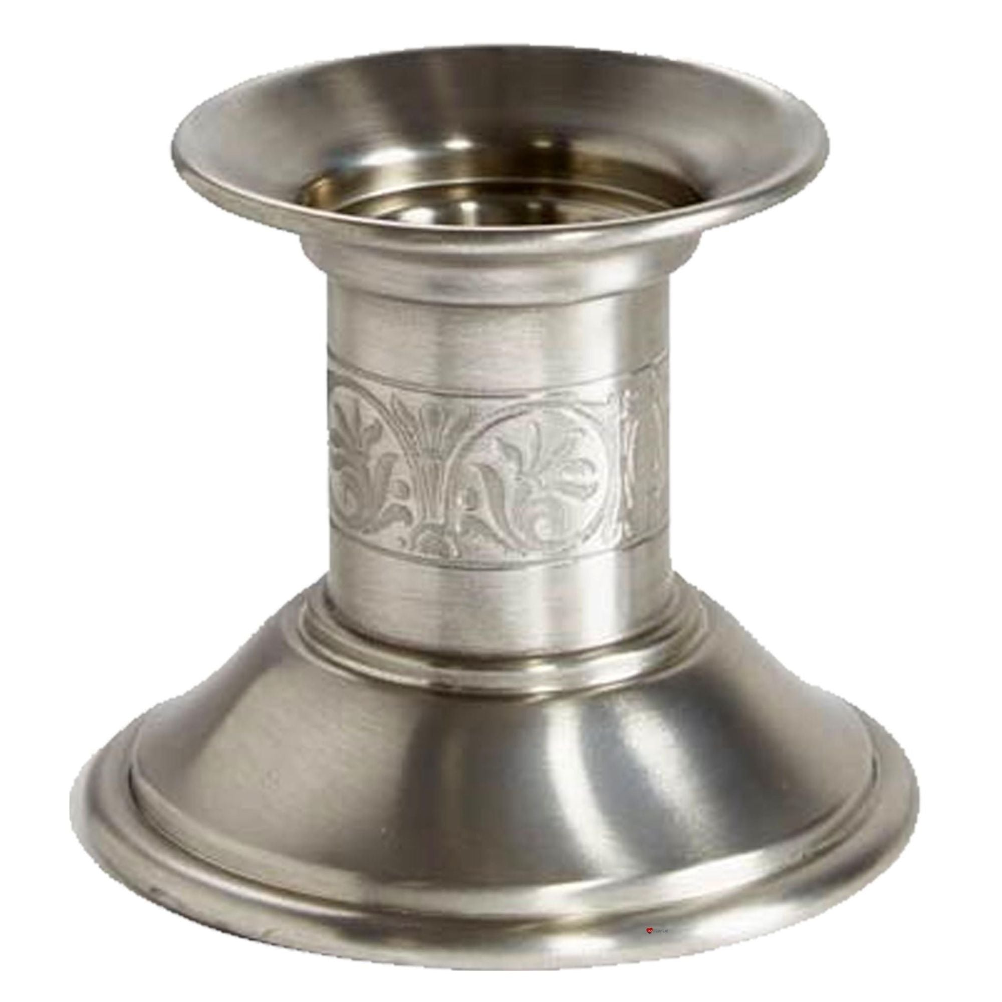 Metallic candle holder with engraved design on a white background