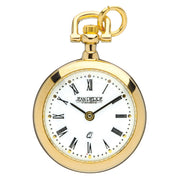 Gold pocket watch with white face and Roman numerals on a white background