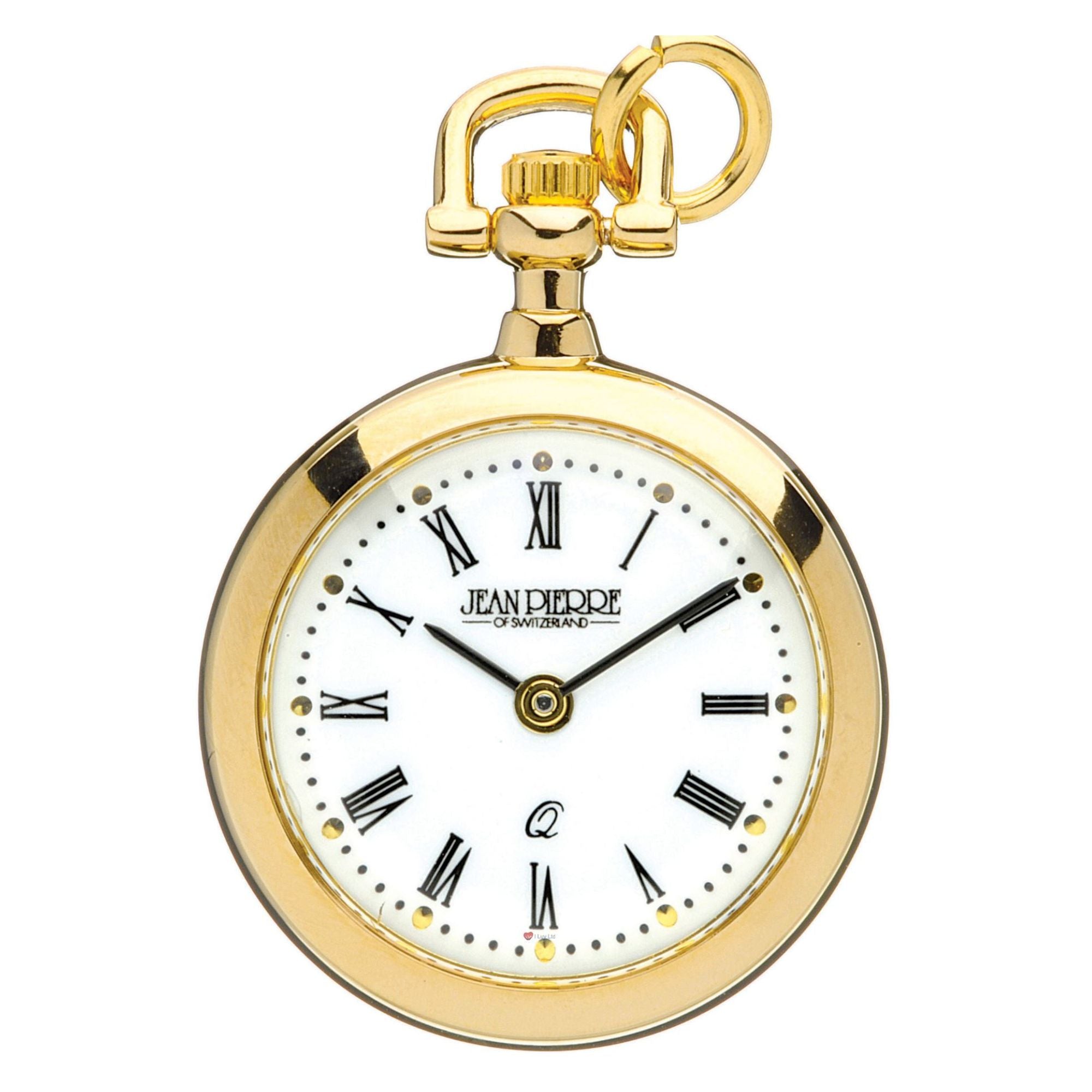 Gold pocket watch with white face and Roman numerals on a white background