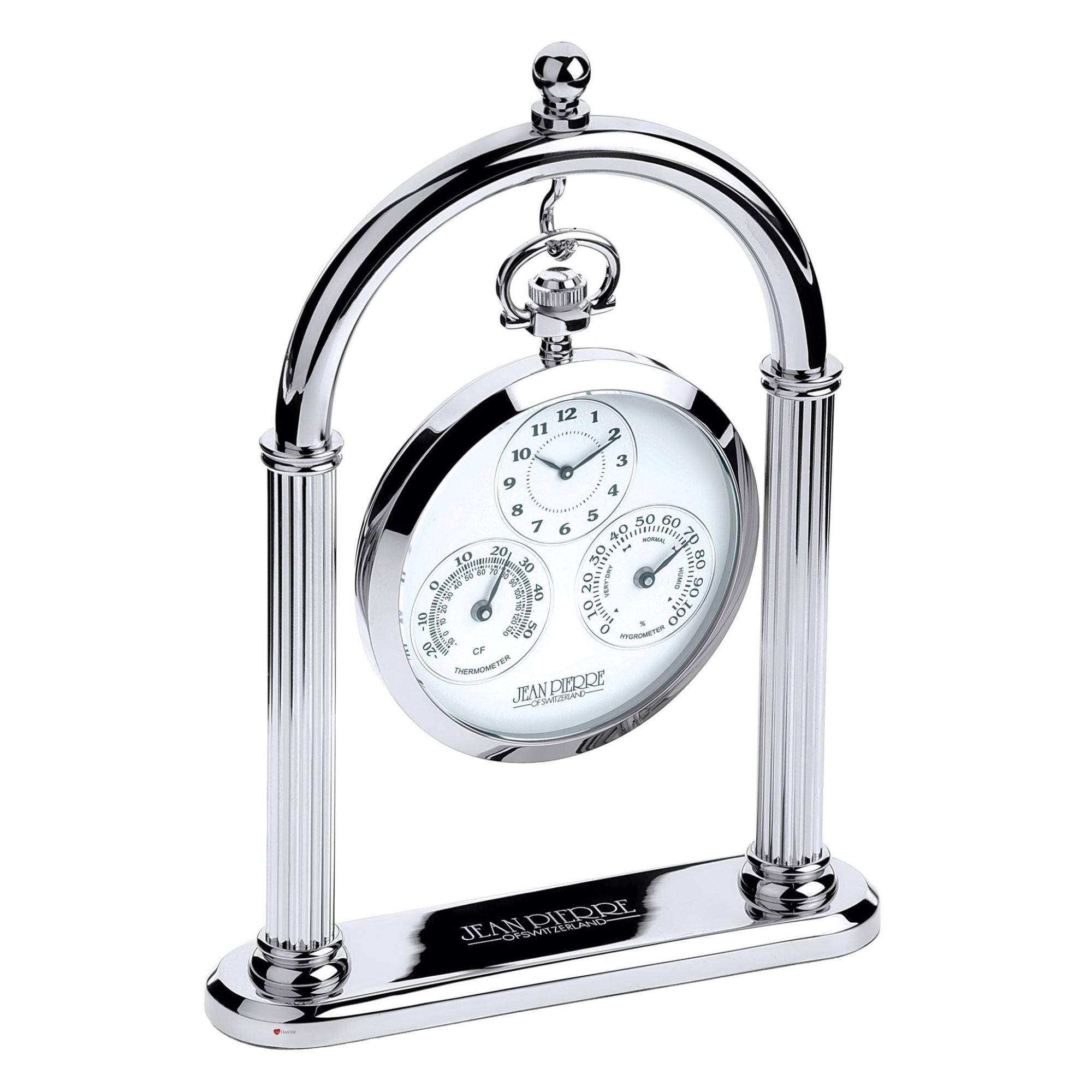 Silver clock with temperature and humidity indicators on a white background
