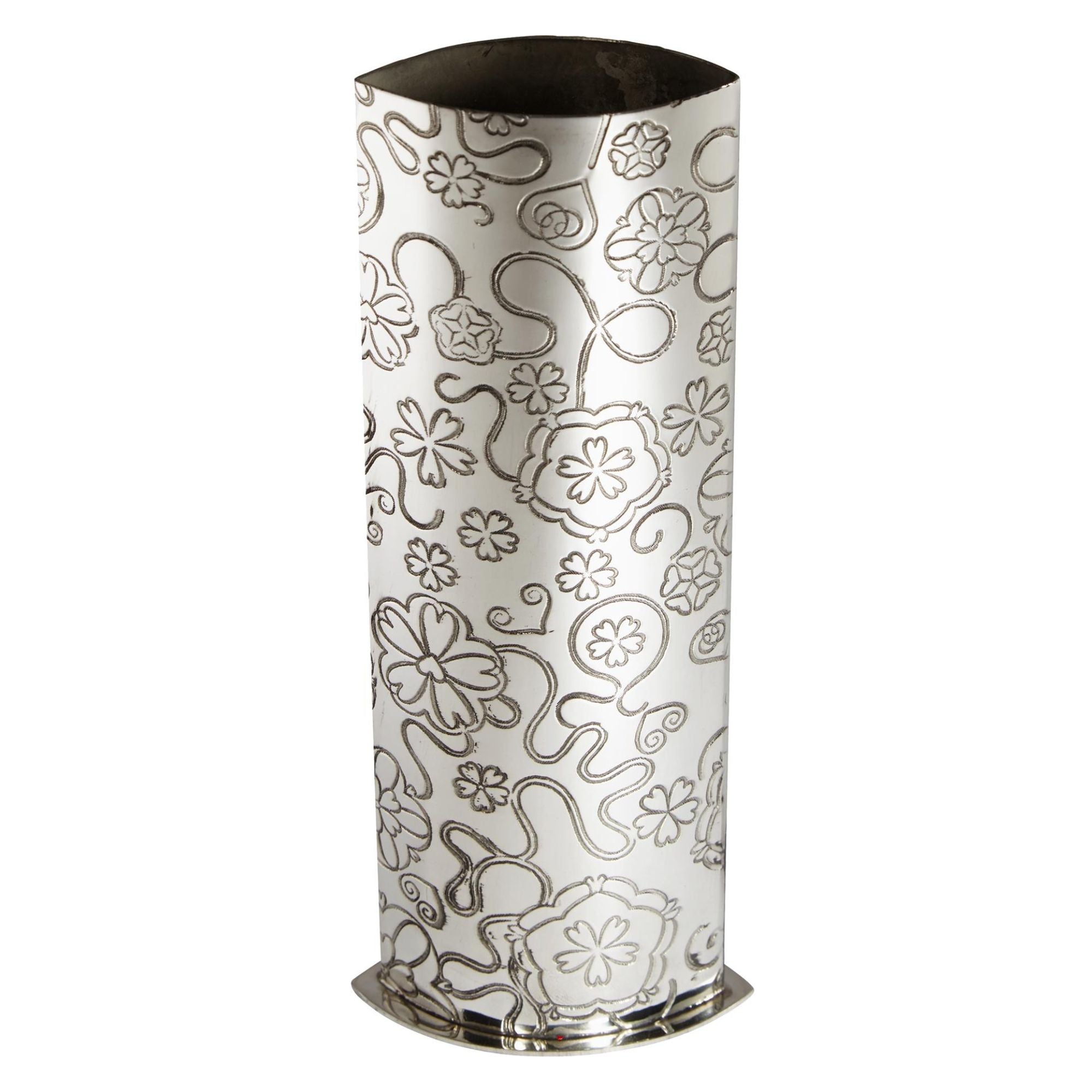 Decorative cylindrical vase with floral patterns on a white background