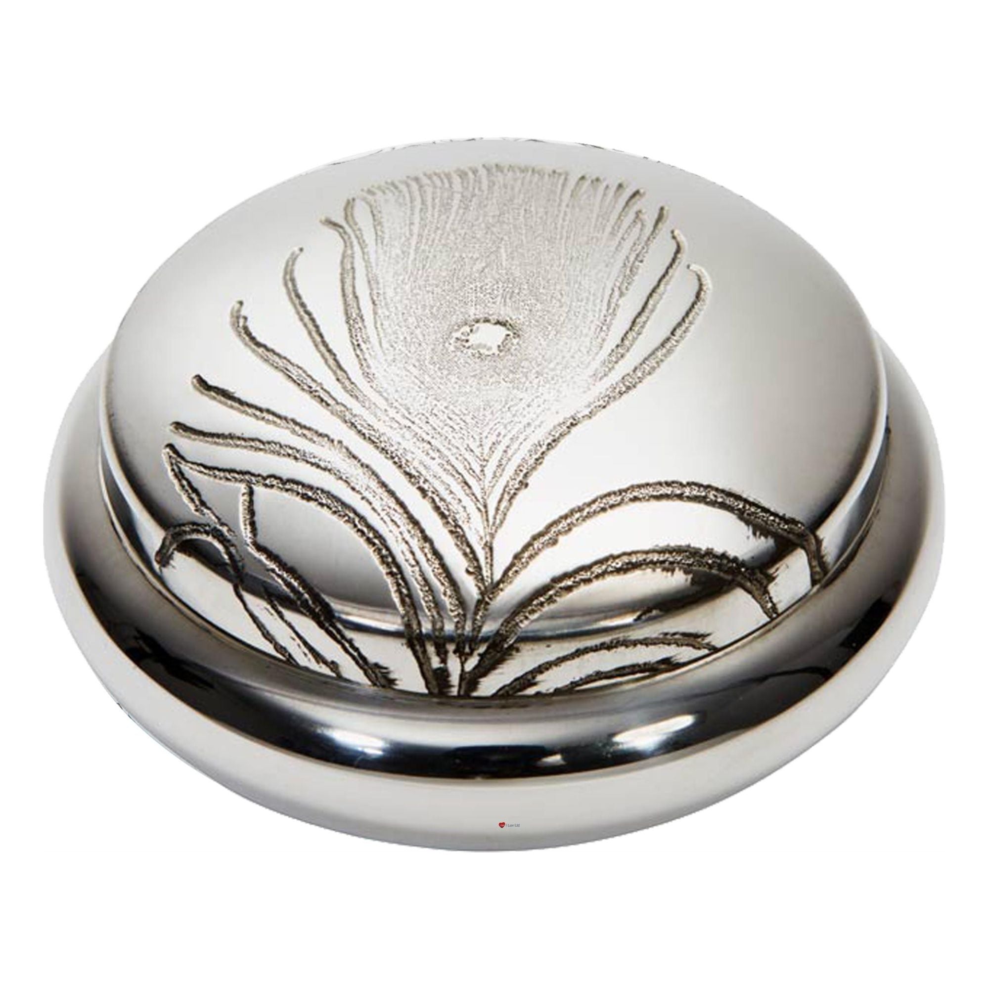 Silver decorative object with intricate design on a white background