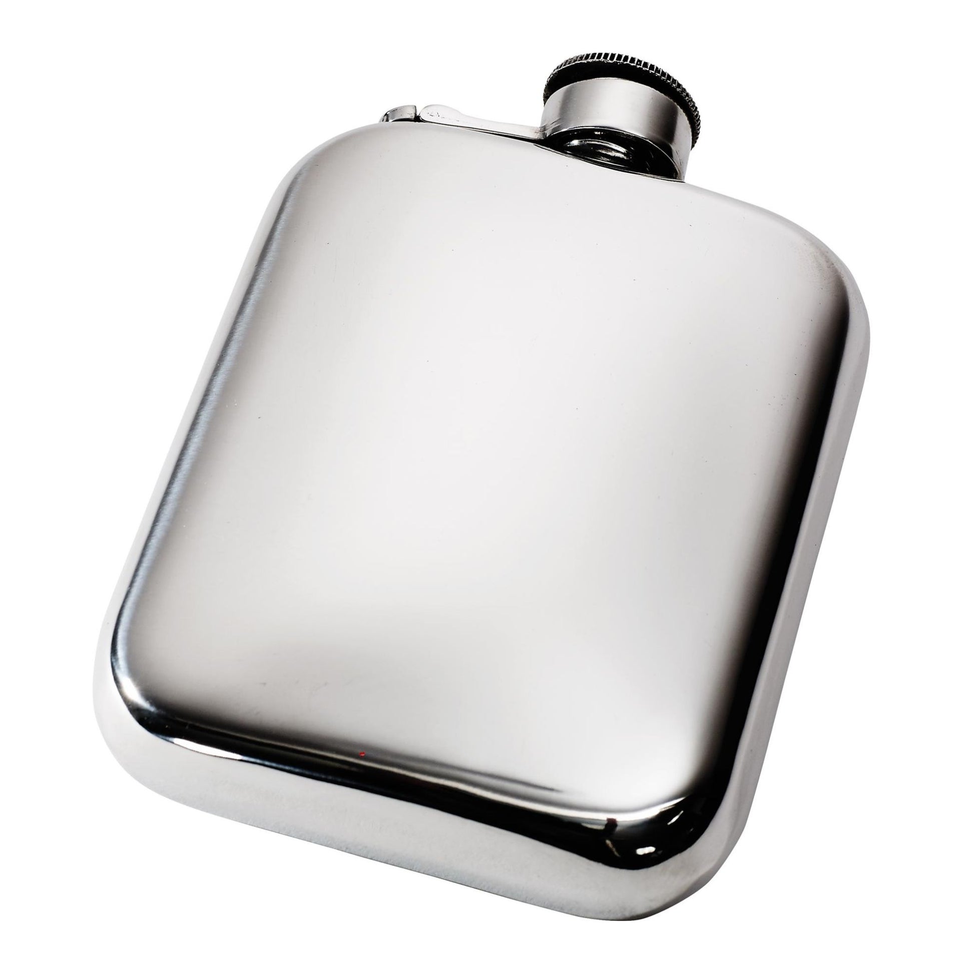 Stainless steel hip flask on a white background