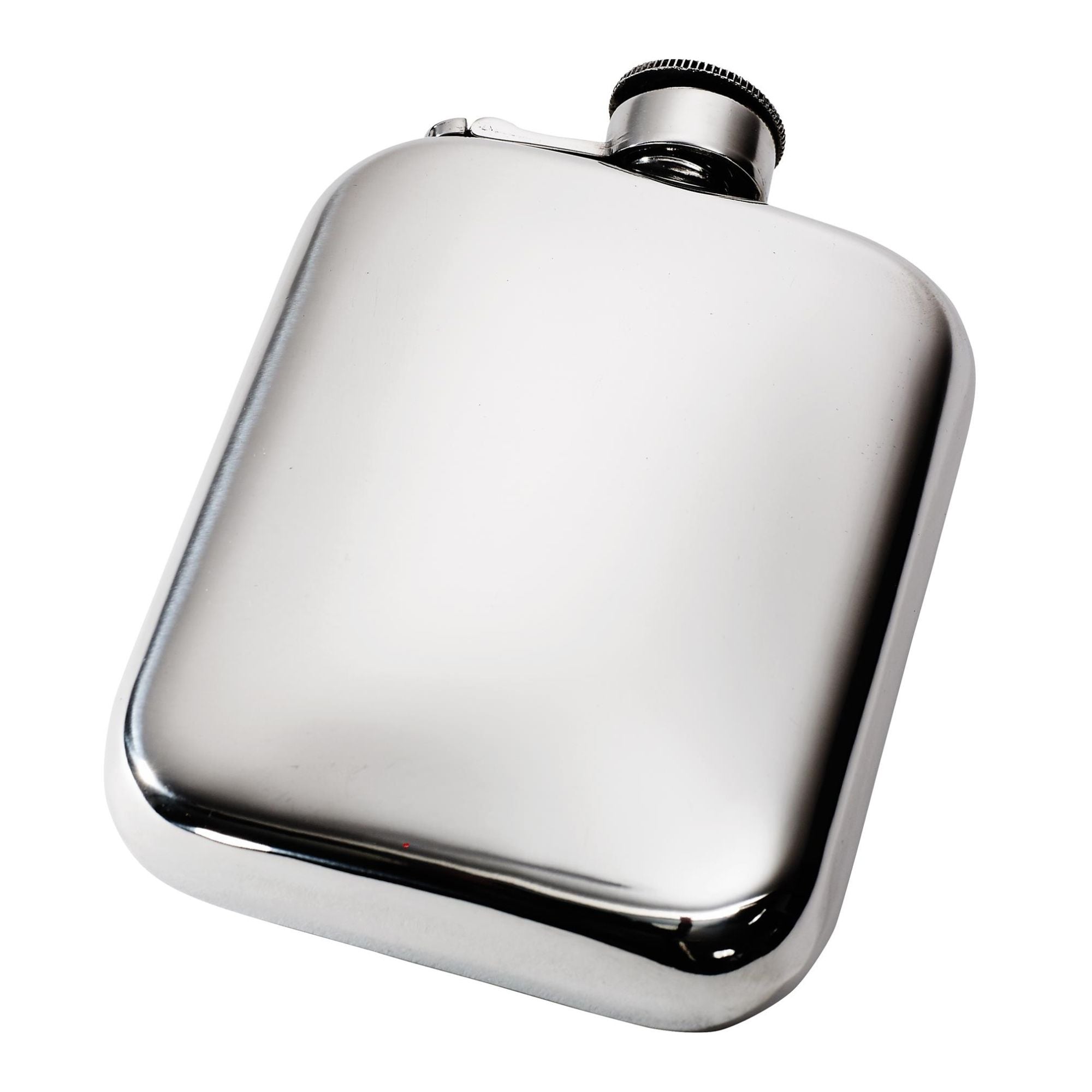 Stainless steel hip flask on a white background