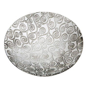 Round ceramic plate with black and white spiral pattern on a white background