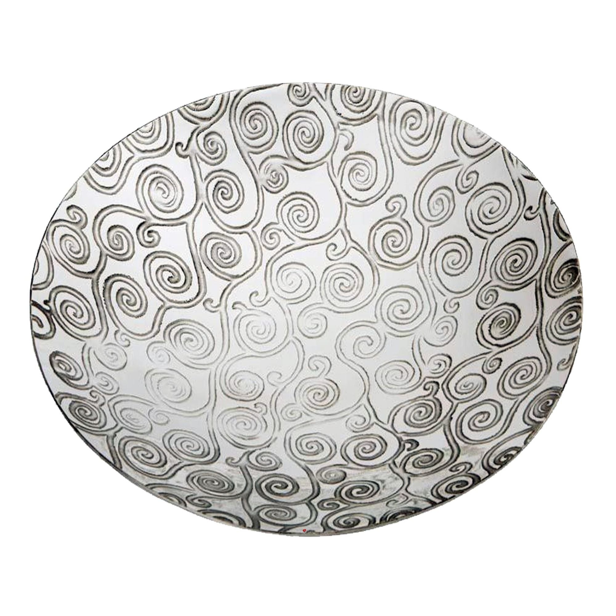 Round ceramic plate with black and white spiral pattern on a white background