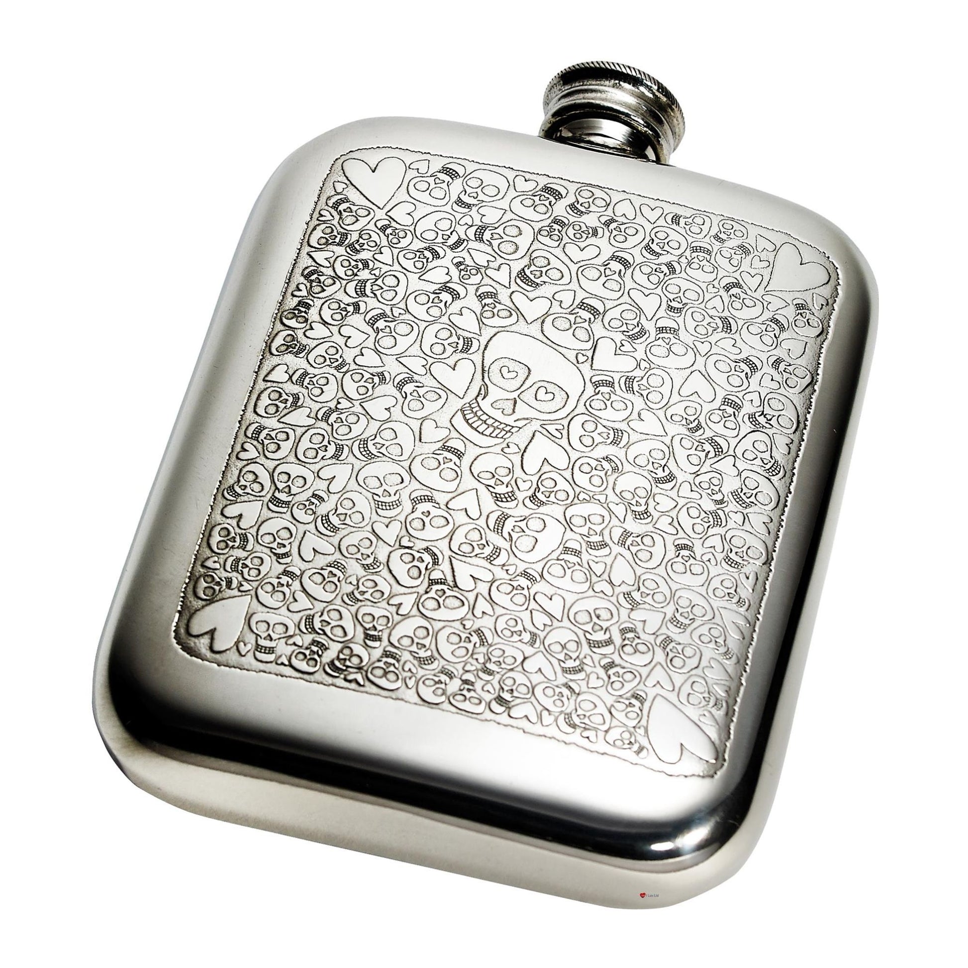 Silver flask with skull and heart pattern on a white background