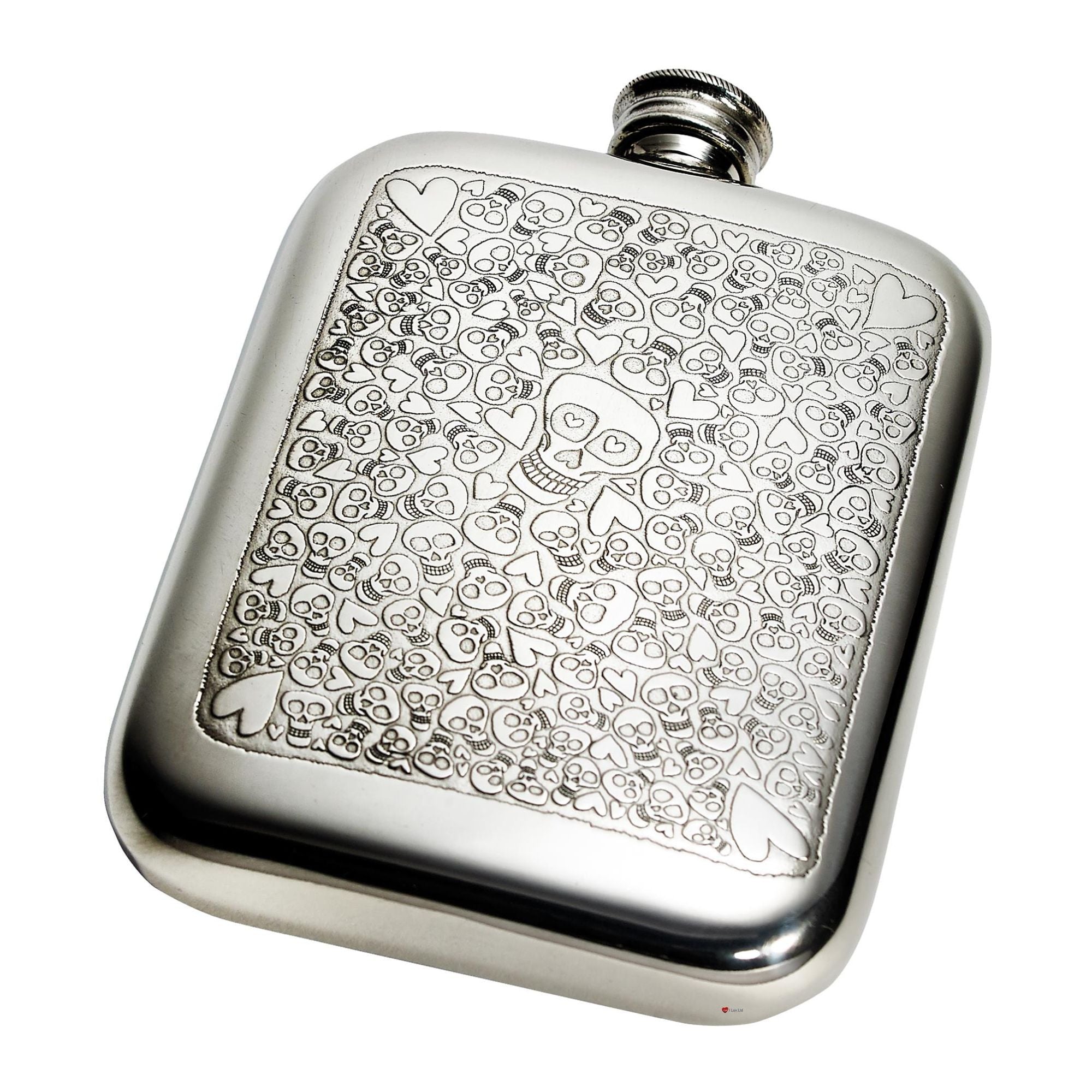 Silver flask with skull and heart pattern on a white background