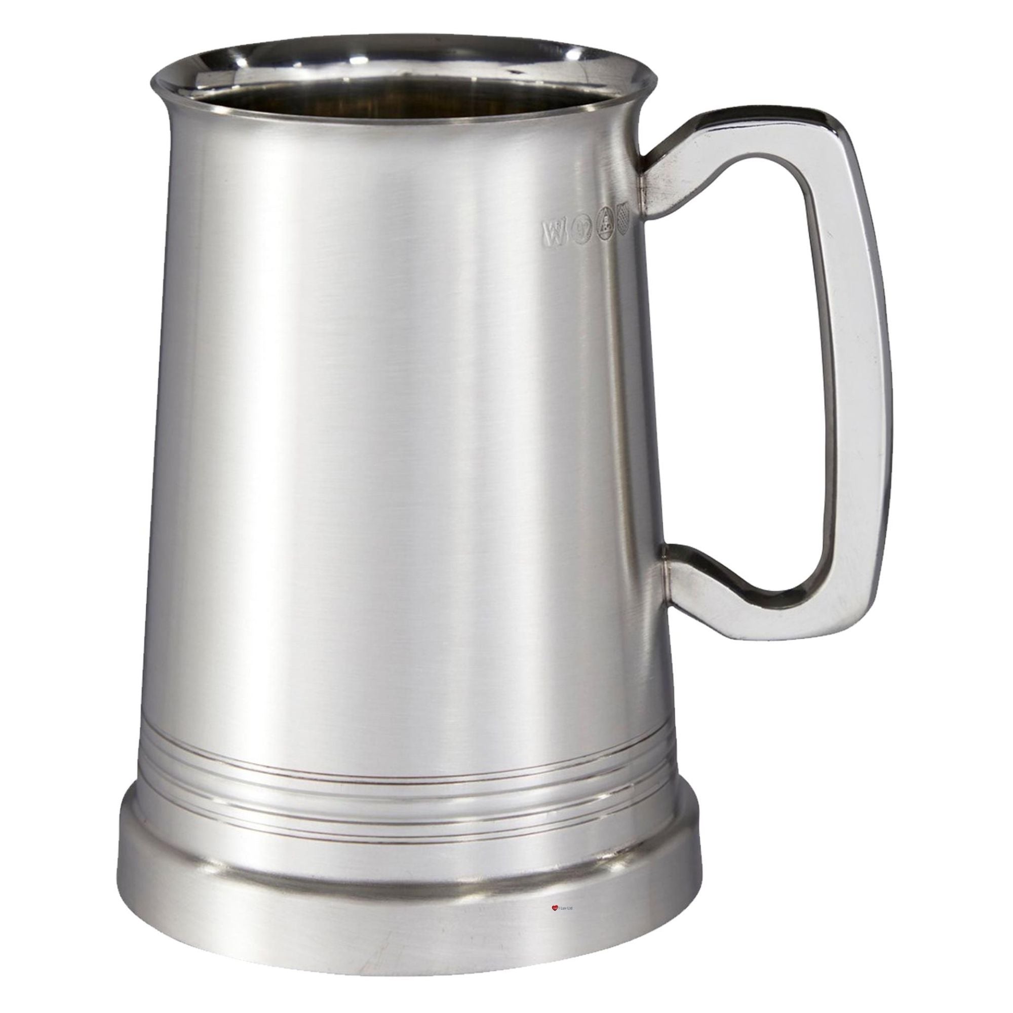 Stainless steel mug with handle on a white background