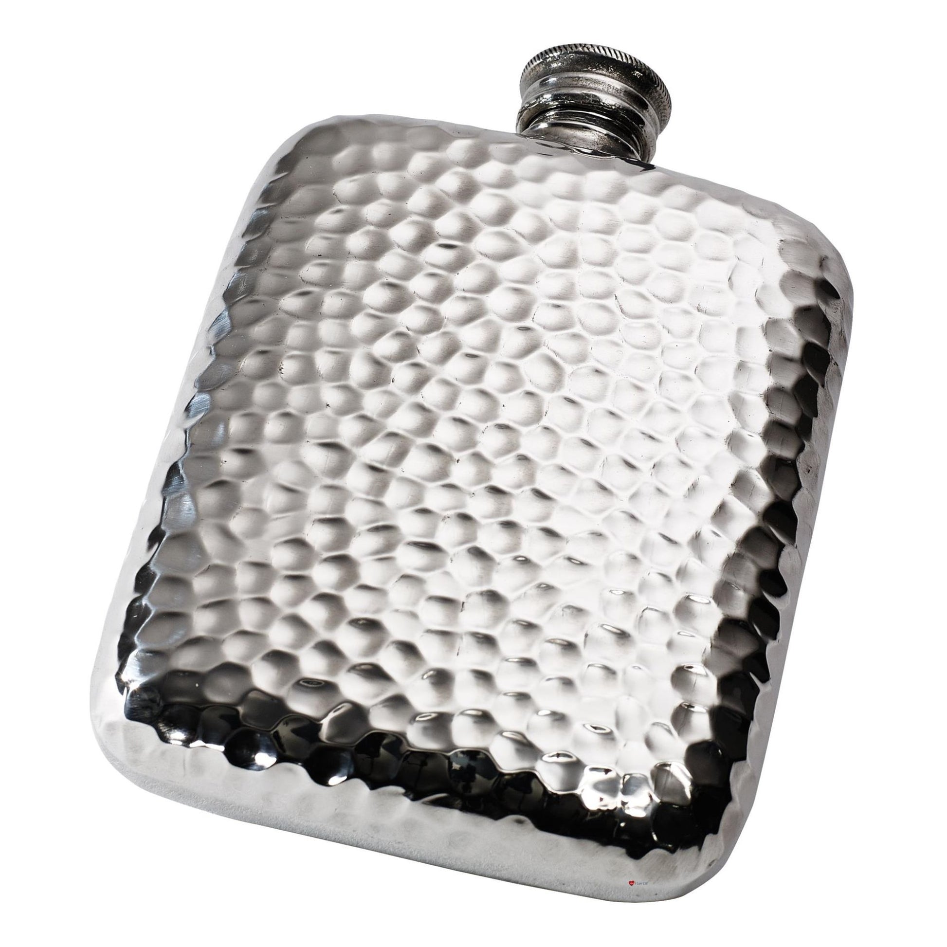 Silver hammered hip flask on a white background