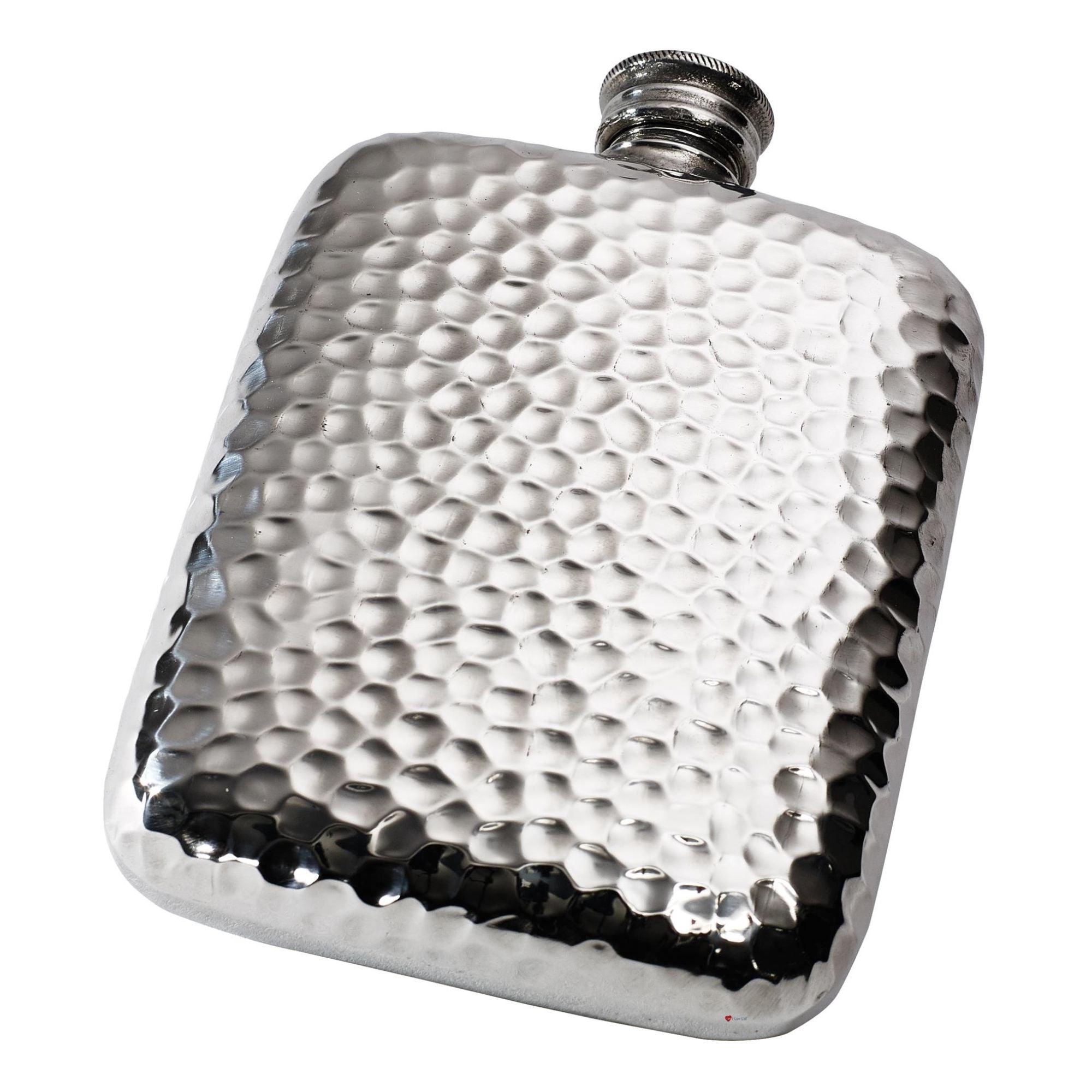 Silver hammered hip flask on a white background