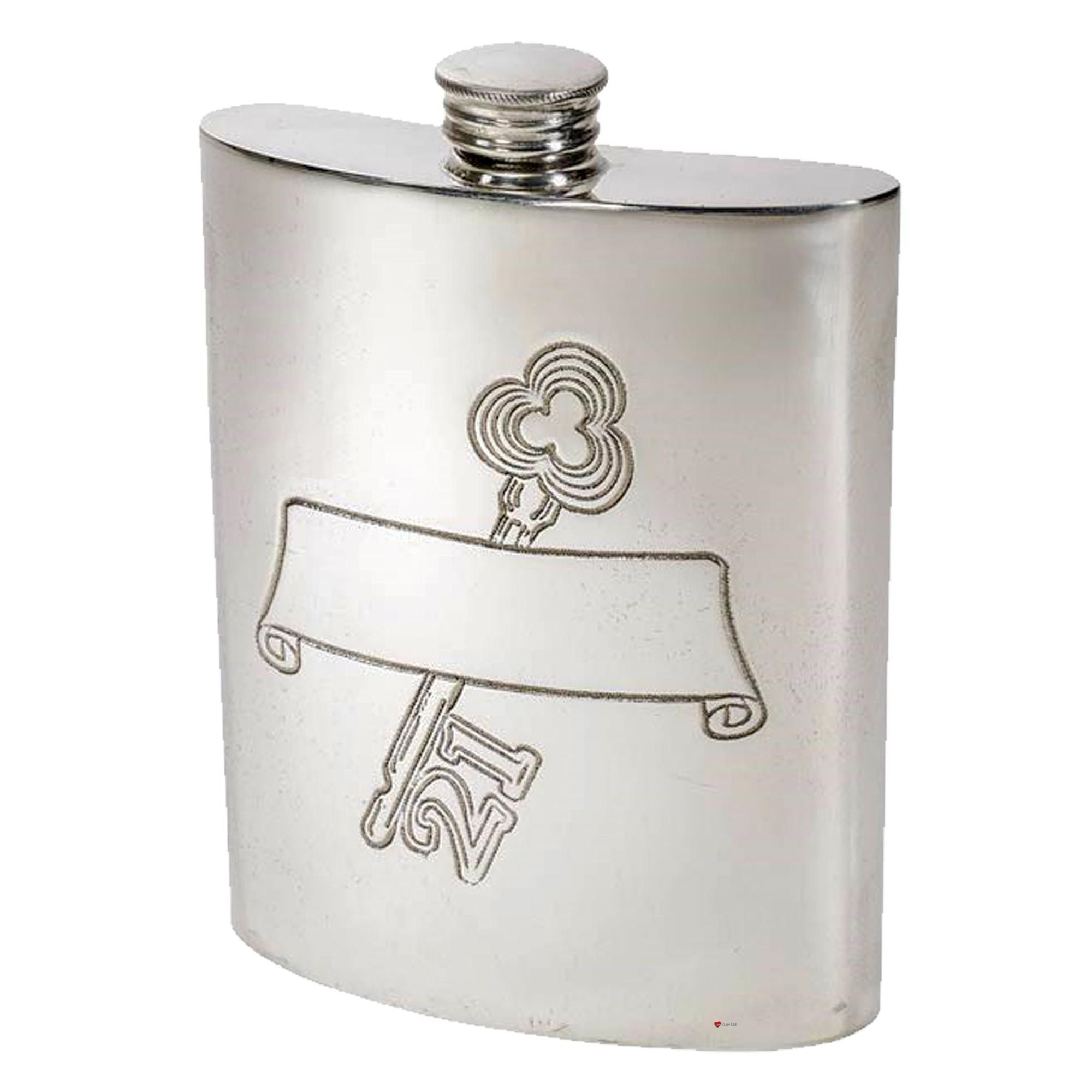 Silver hip flask with decorative key design on a white background