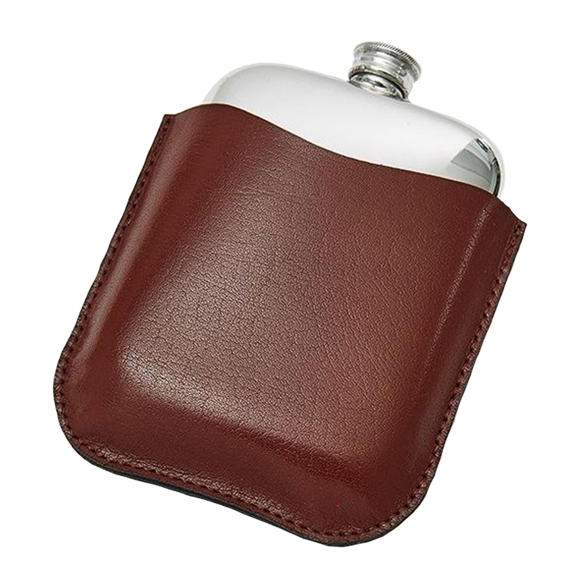 Silver flask with a brown leather cover on a white background