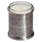 Silver candle holder with a white candle on a white background