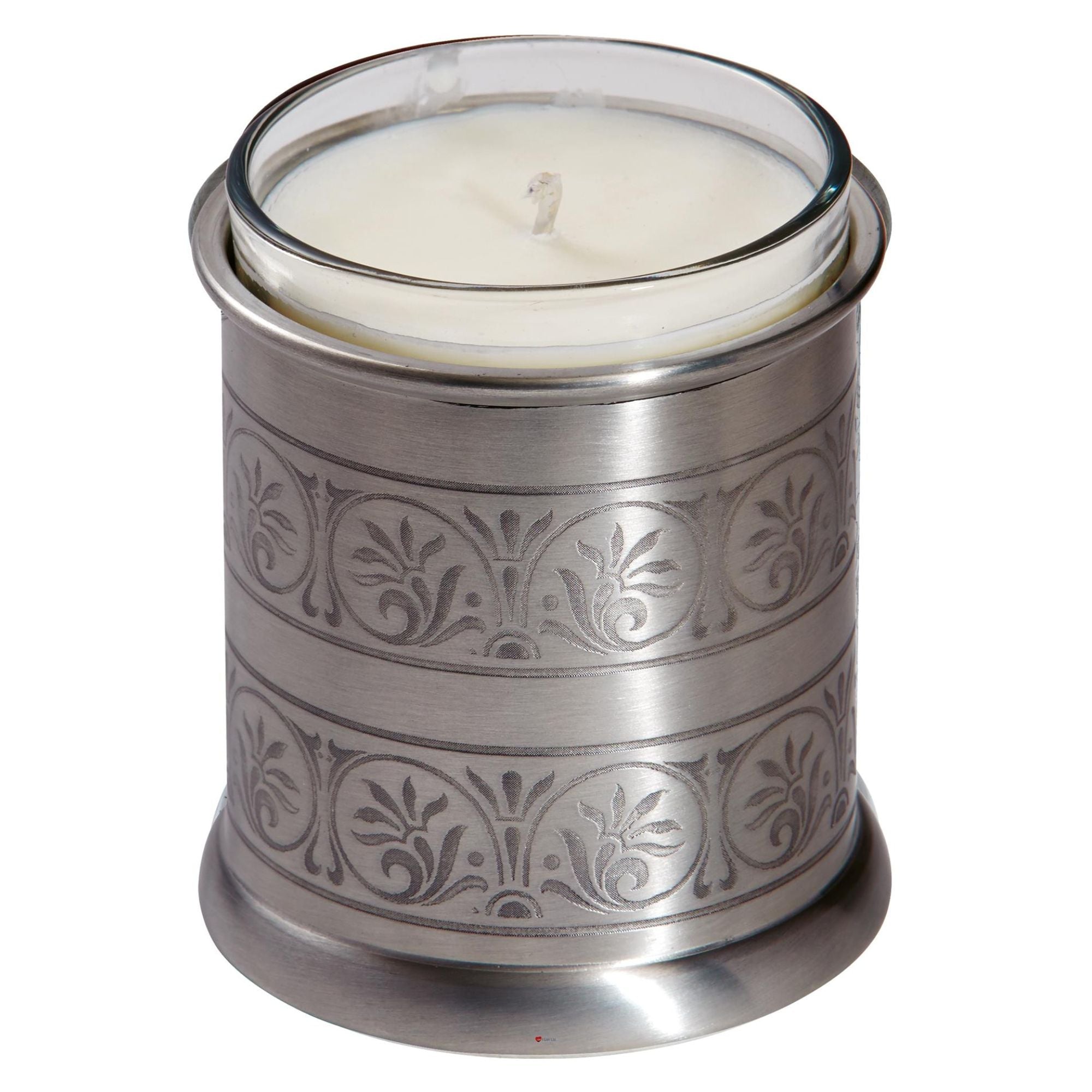 Silver candle holder with a white candle on a white background