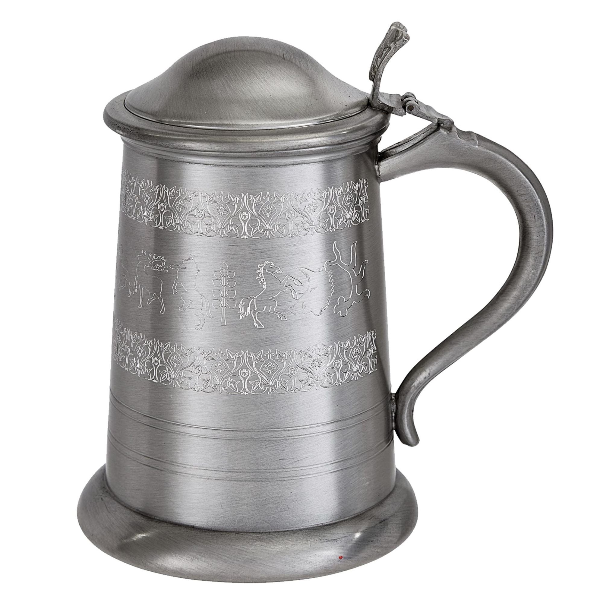 Pewter tankard with embossed design on a white background