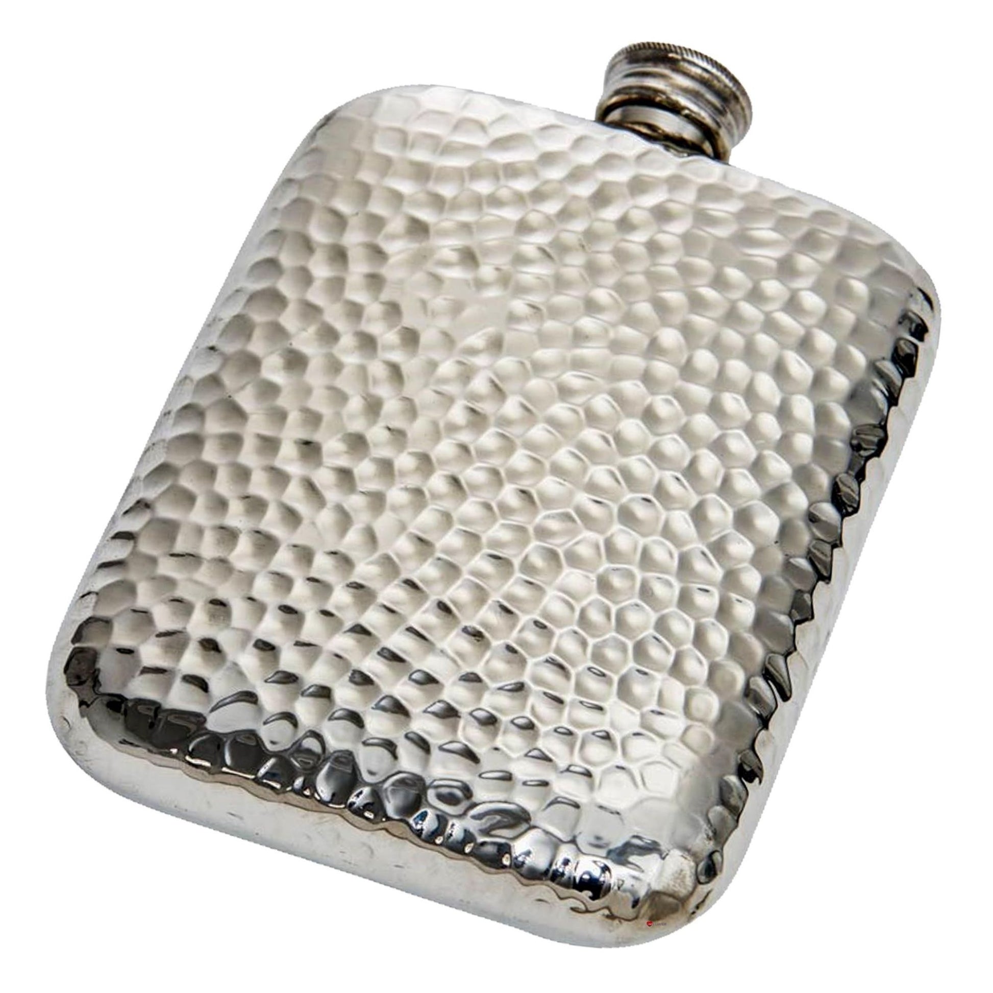 Silver hip flask with textured surface on a white background