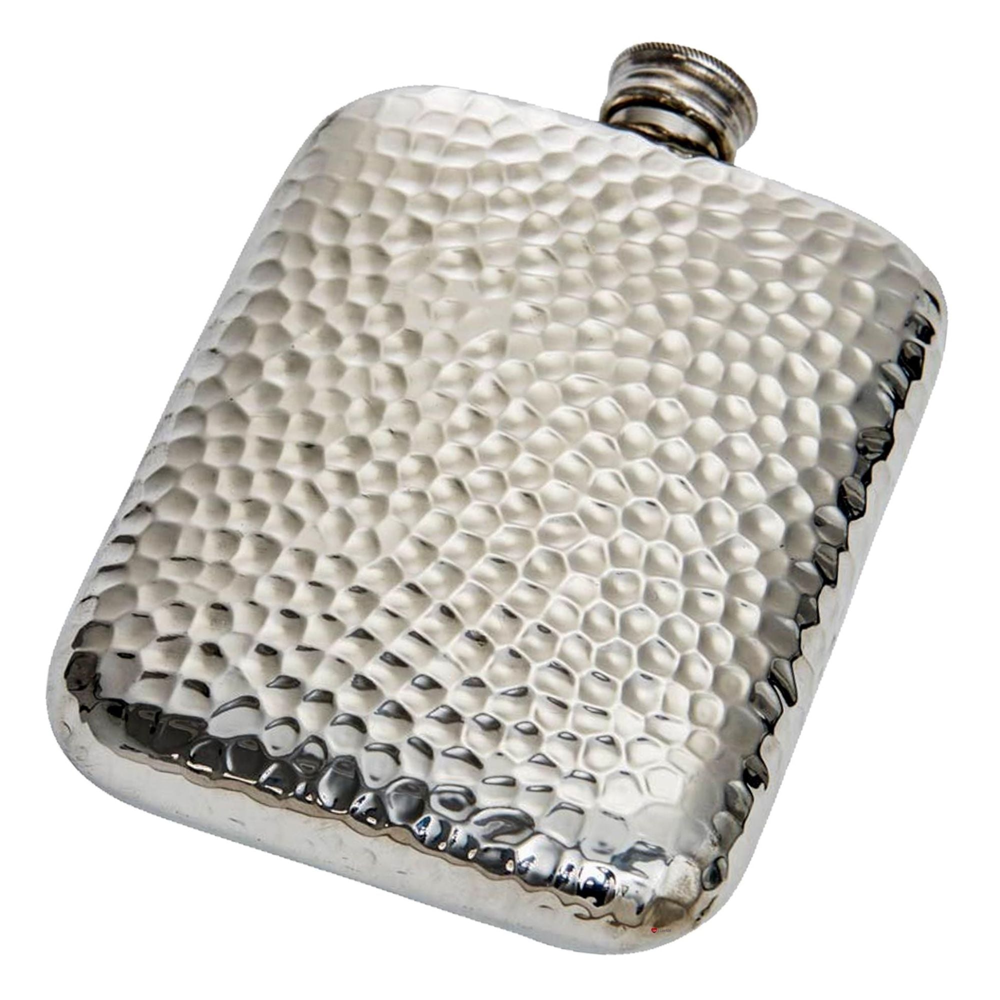 Silver hip flask with textured surface on a white background