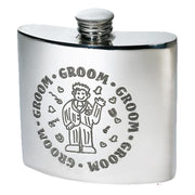 Silver hip flask with 'Groom' engraving on a white background