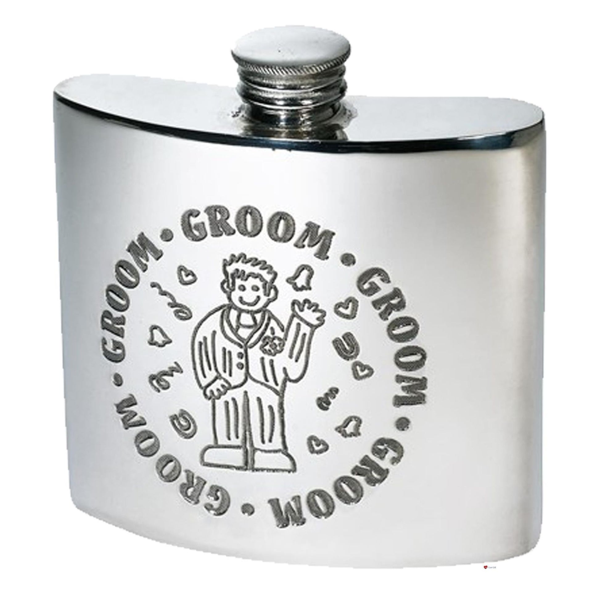 Silver hip flask with 'Groom' engraving on a white background