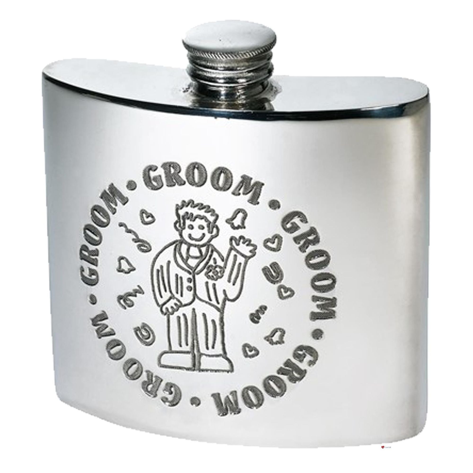 Silver hip flask with 'Groom' engraving on a white background