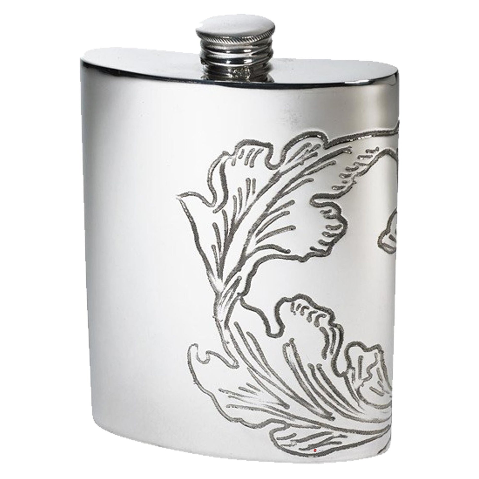 Silver hip flask with floral engraving on a white background