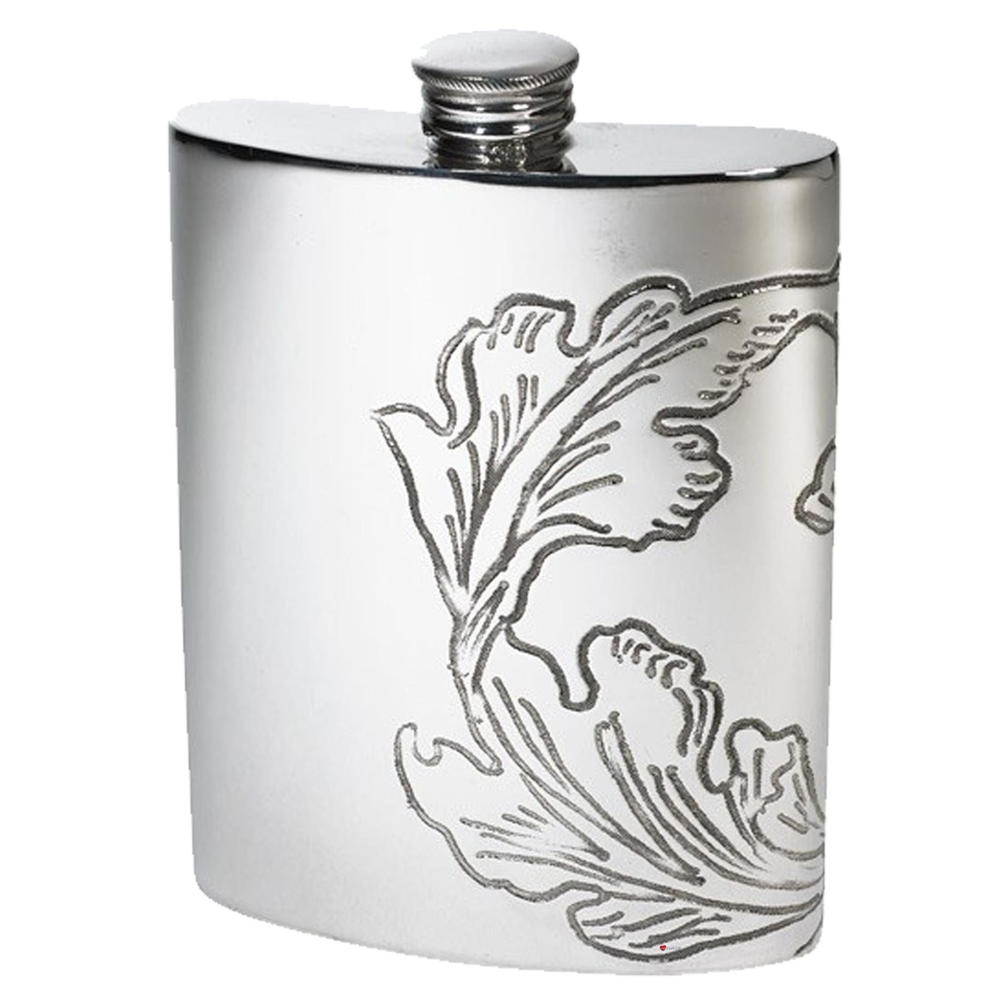 Silver hip flask with floral engraving on a white background