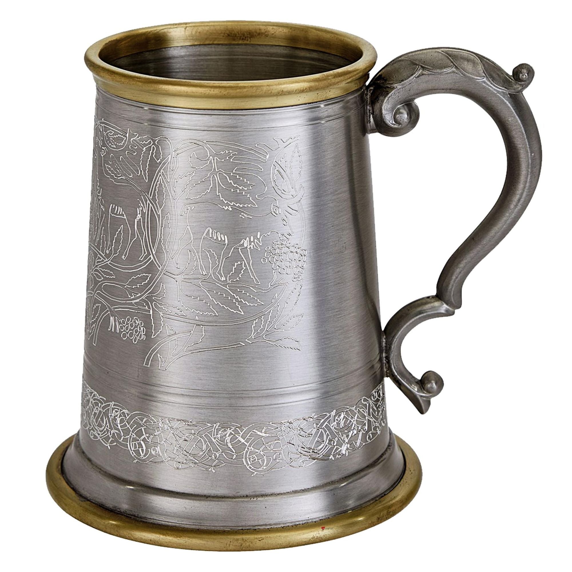 Decorative metal mug with engraved design on a white background