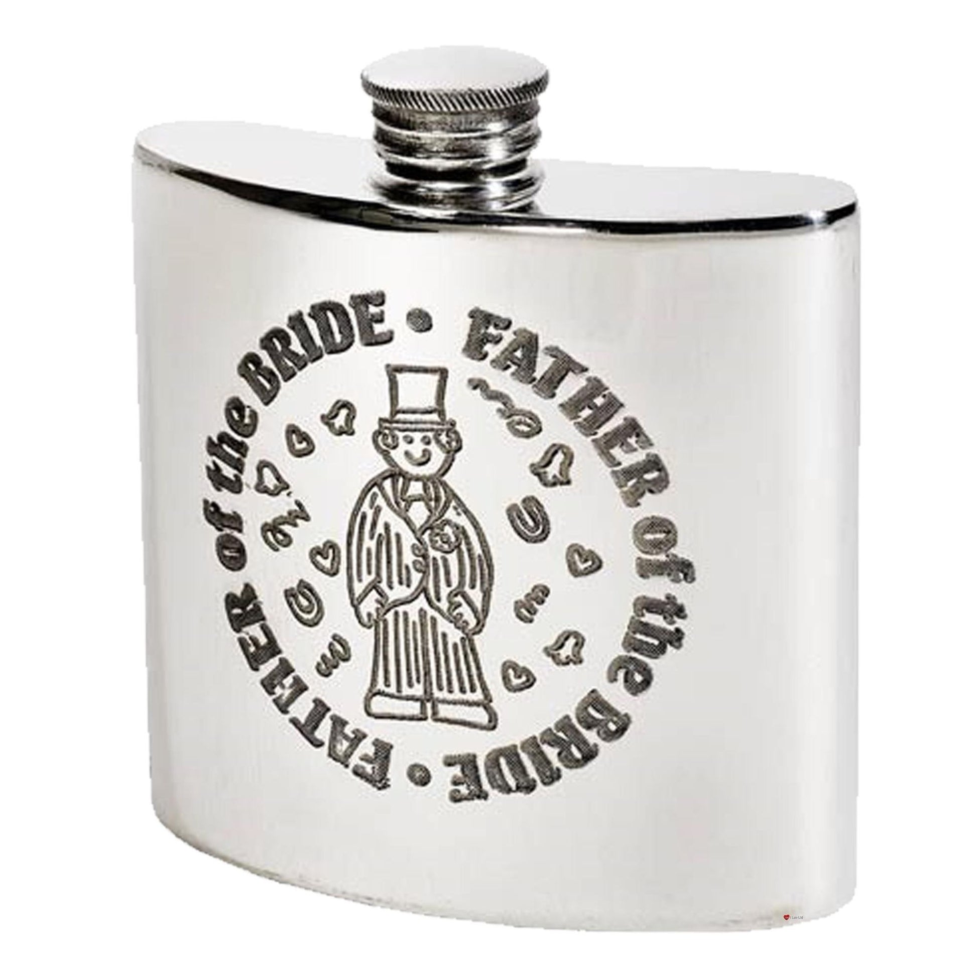 Silver flask with 'Father of the Bride' engraving on a white background