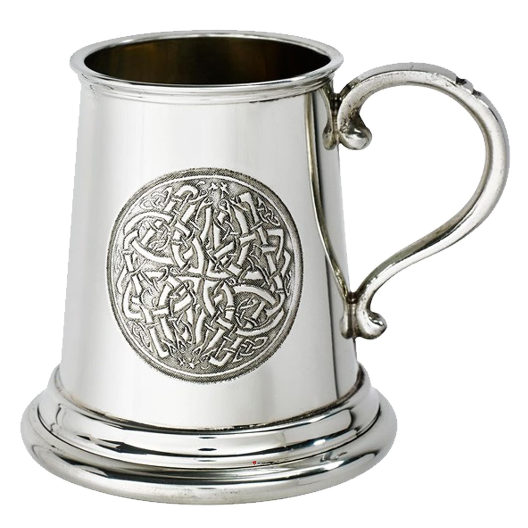 Silver tankard with Celtic knot design on a white background