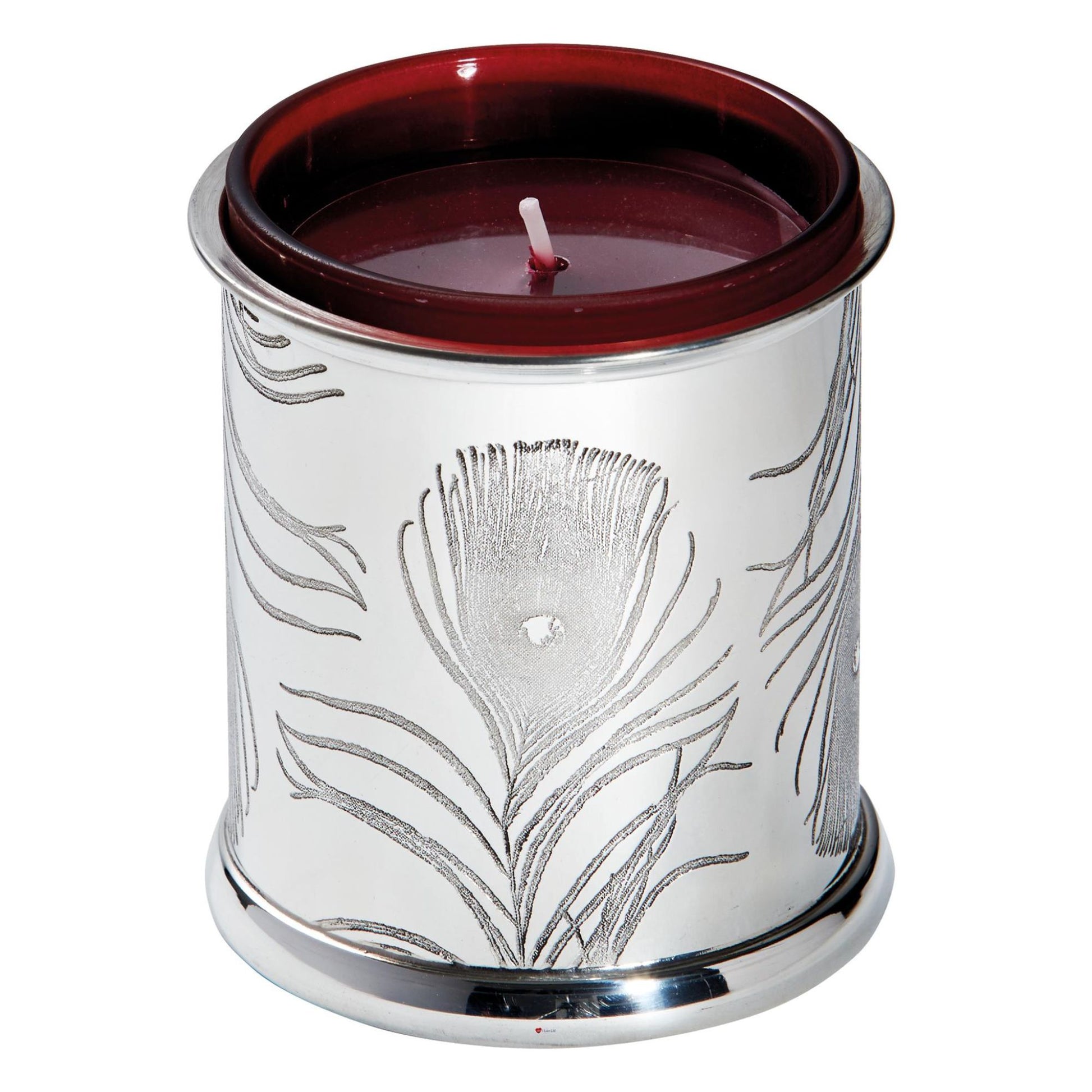 Silver candle holder with leaf patterns and a red candle on a white background