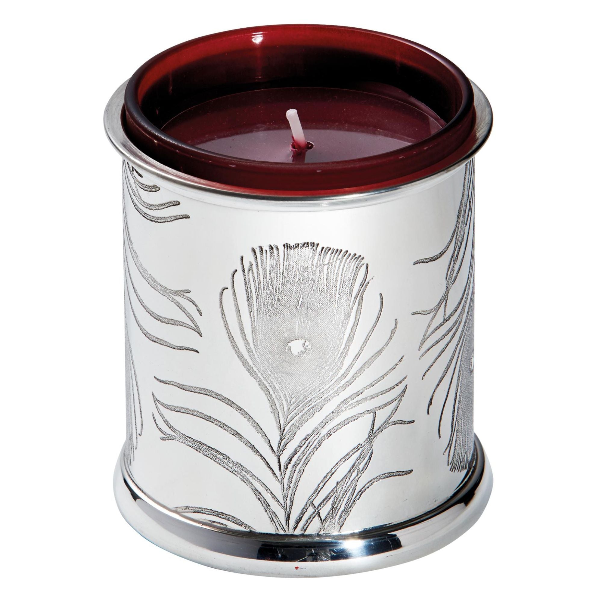 Silver candle holder with leaf patterns and a red candle on a white background
