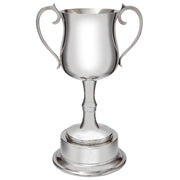 Silver trophy cup with two handles on a white background