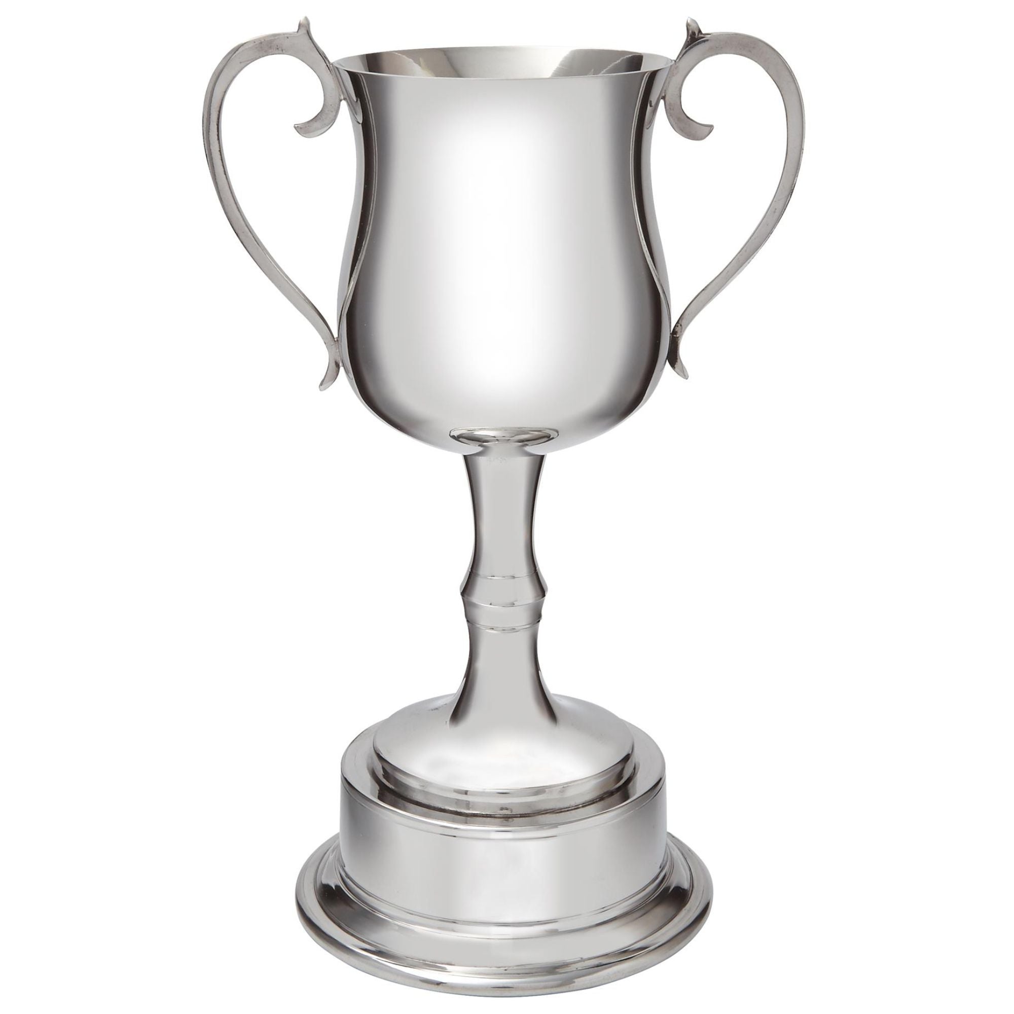 Silver trophy cup with two handles on a white background