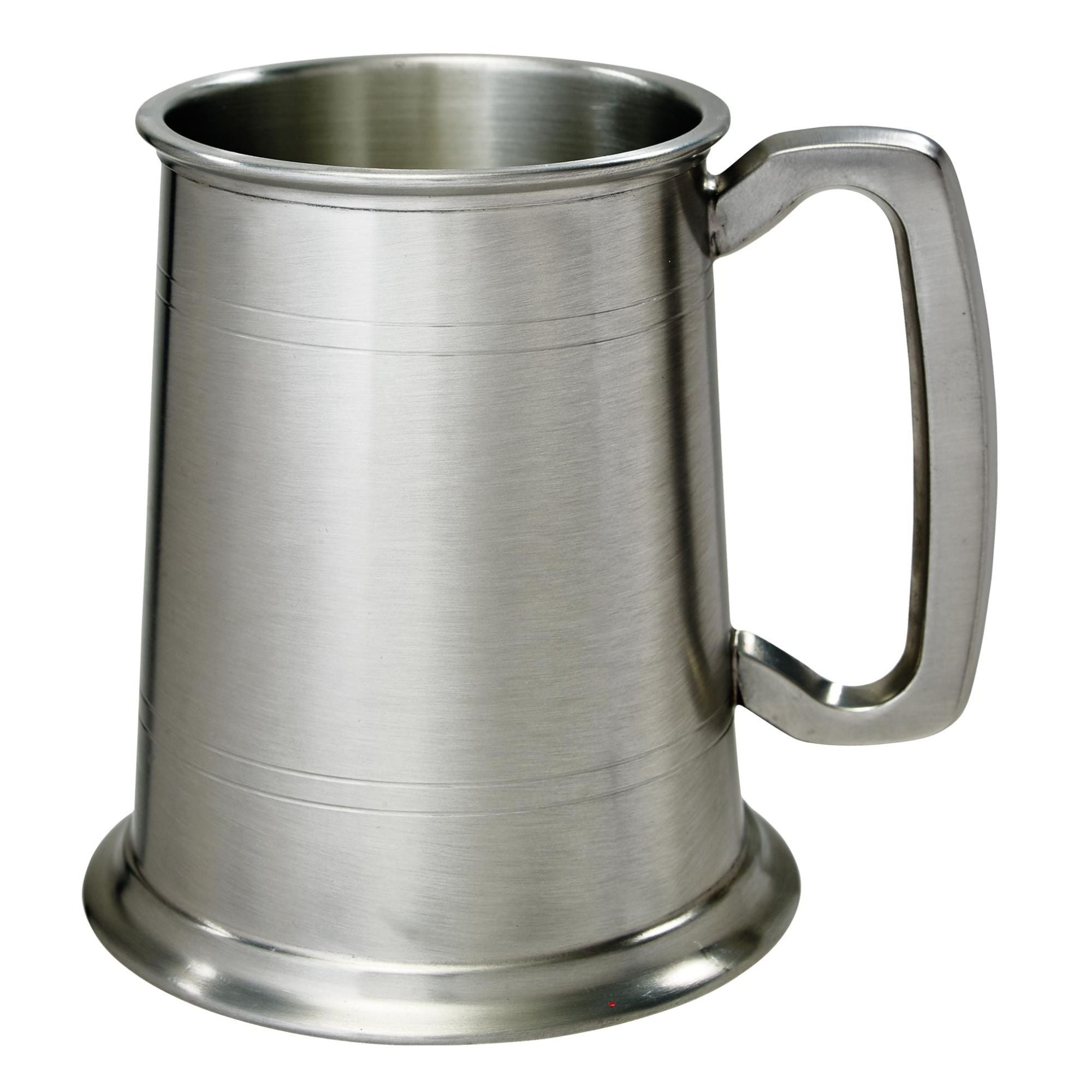 Stainless steel tankard with handle on a white background