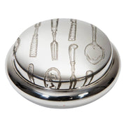 Silver container lid with engraved cutlery design on a white background