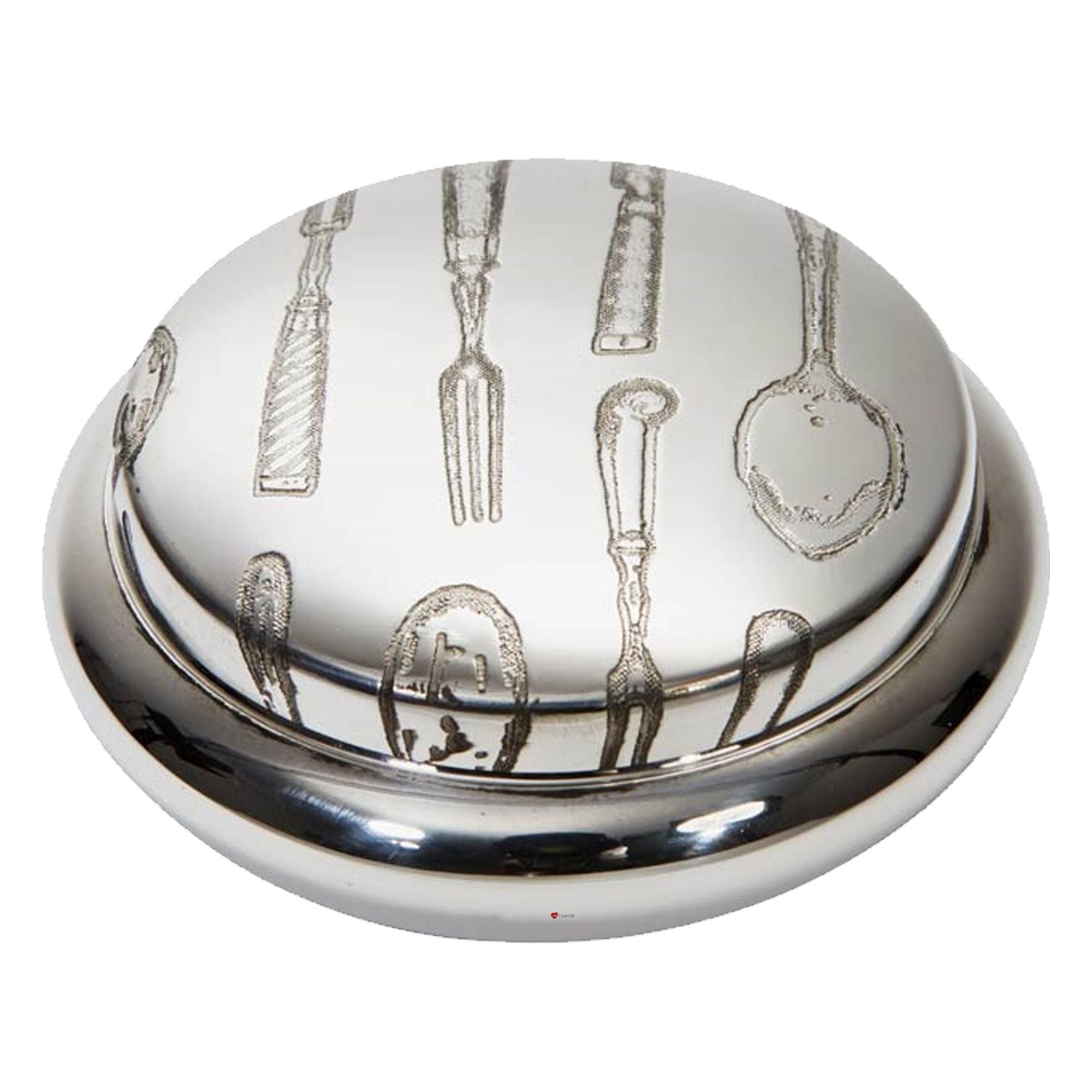 Silver container lid with engraved cutlery design on a white background