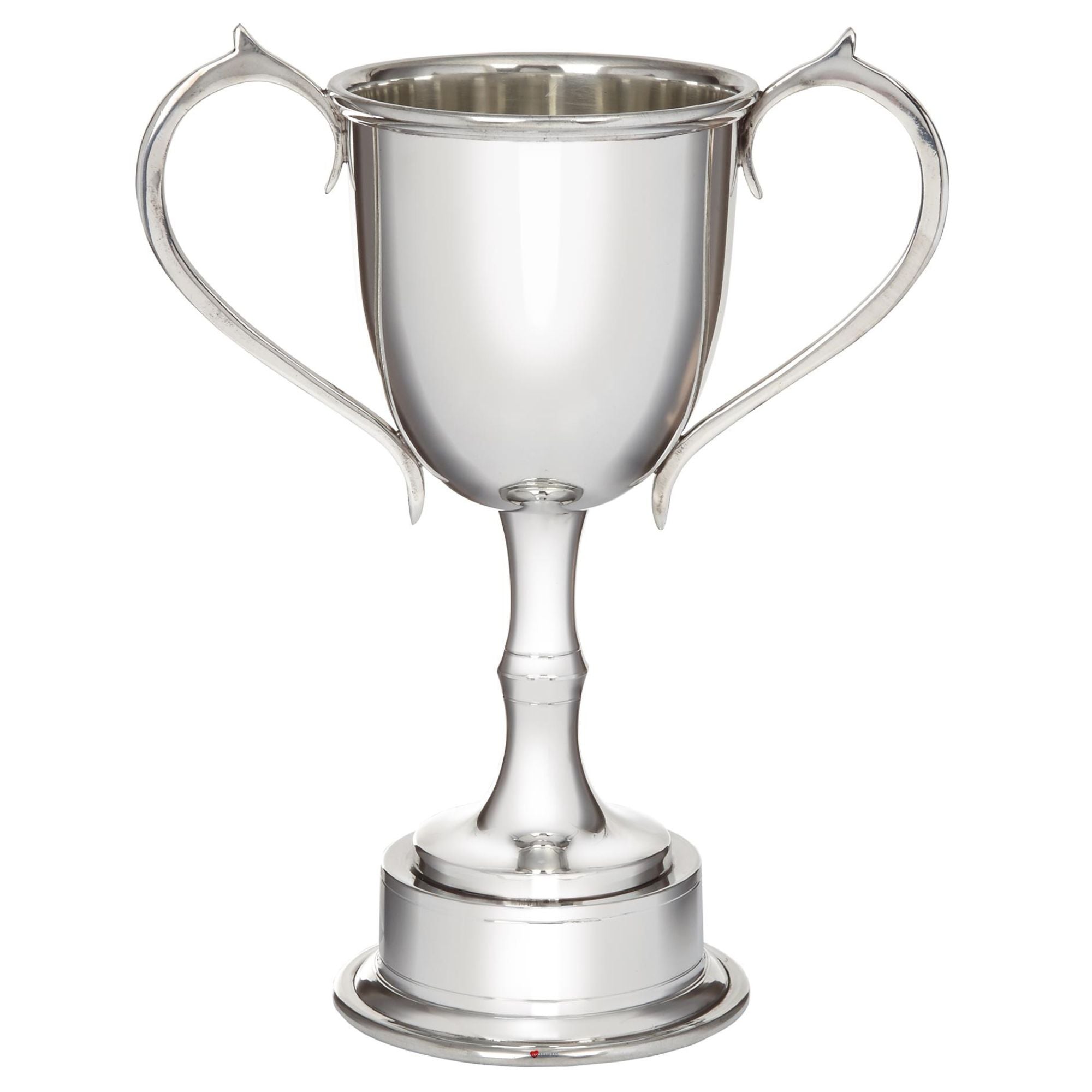Silver trophy cup with two handles on a white background