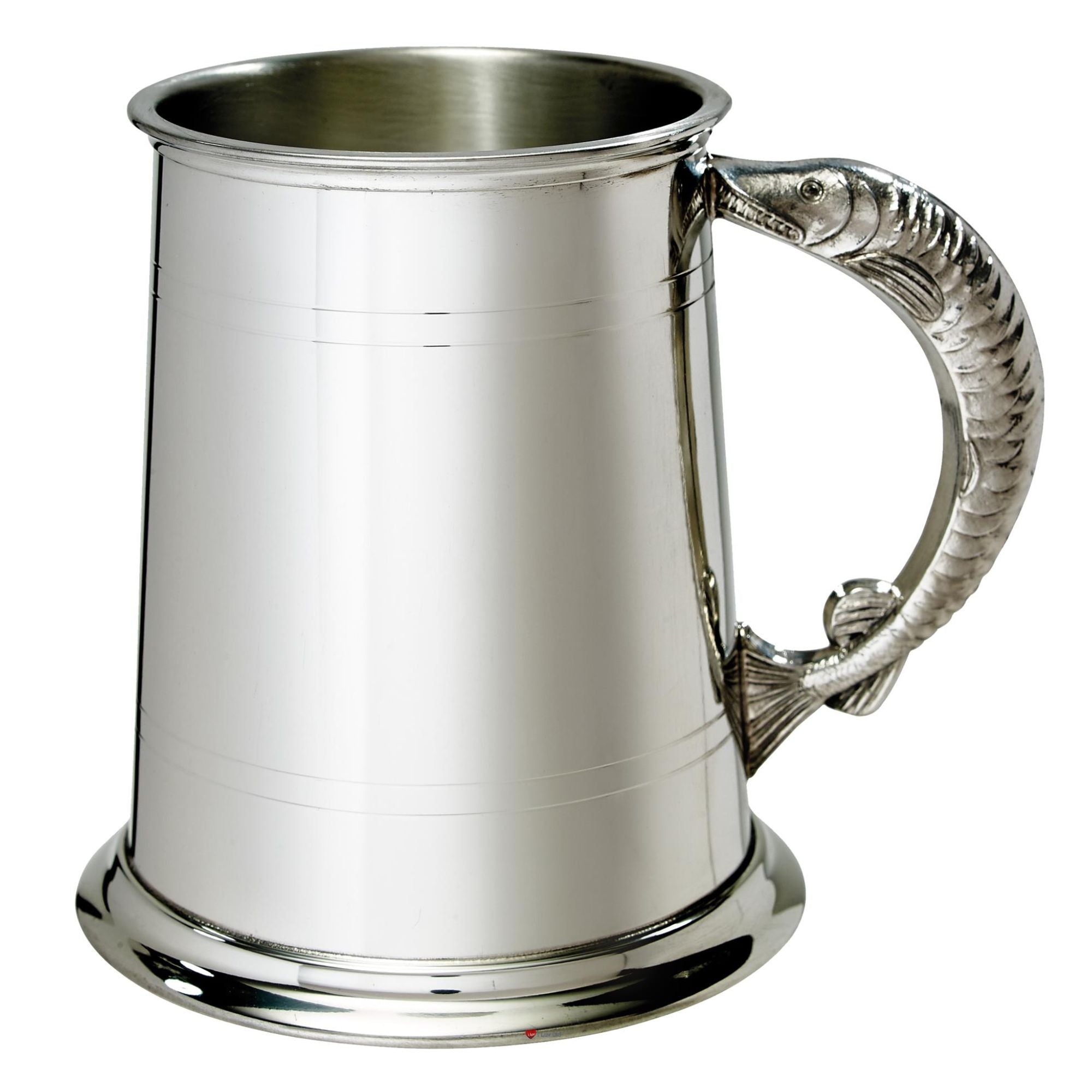Silver tankard with fish handle on a white background