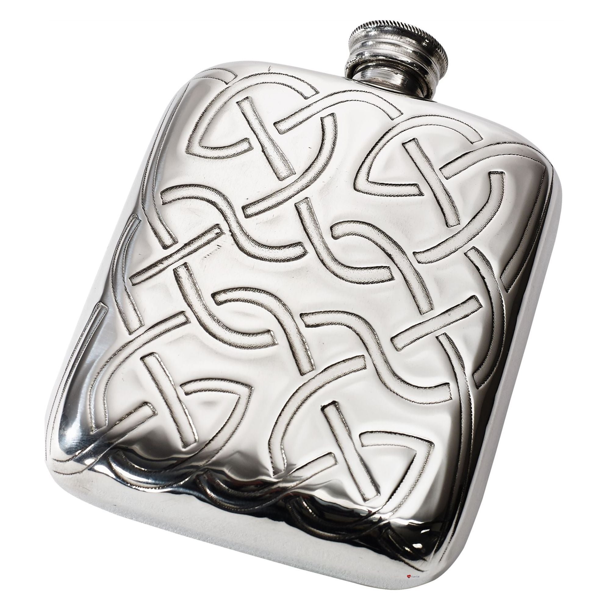 Silver hip flask with intricate Celtic knot design on a white background