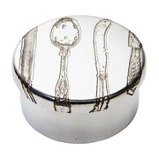 Round ceramic dish with silver spoon and fork design on a white background