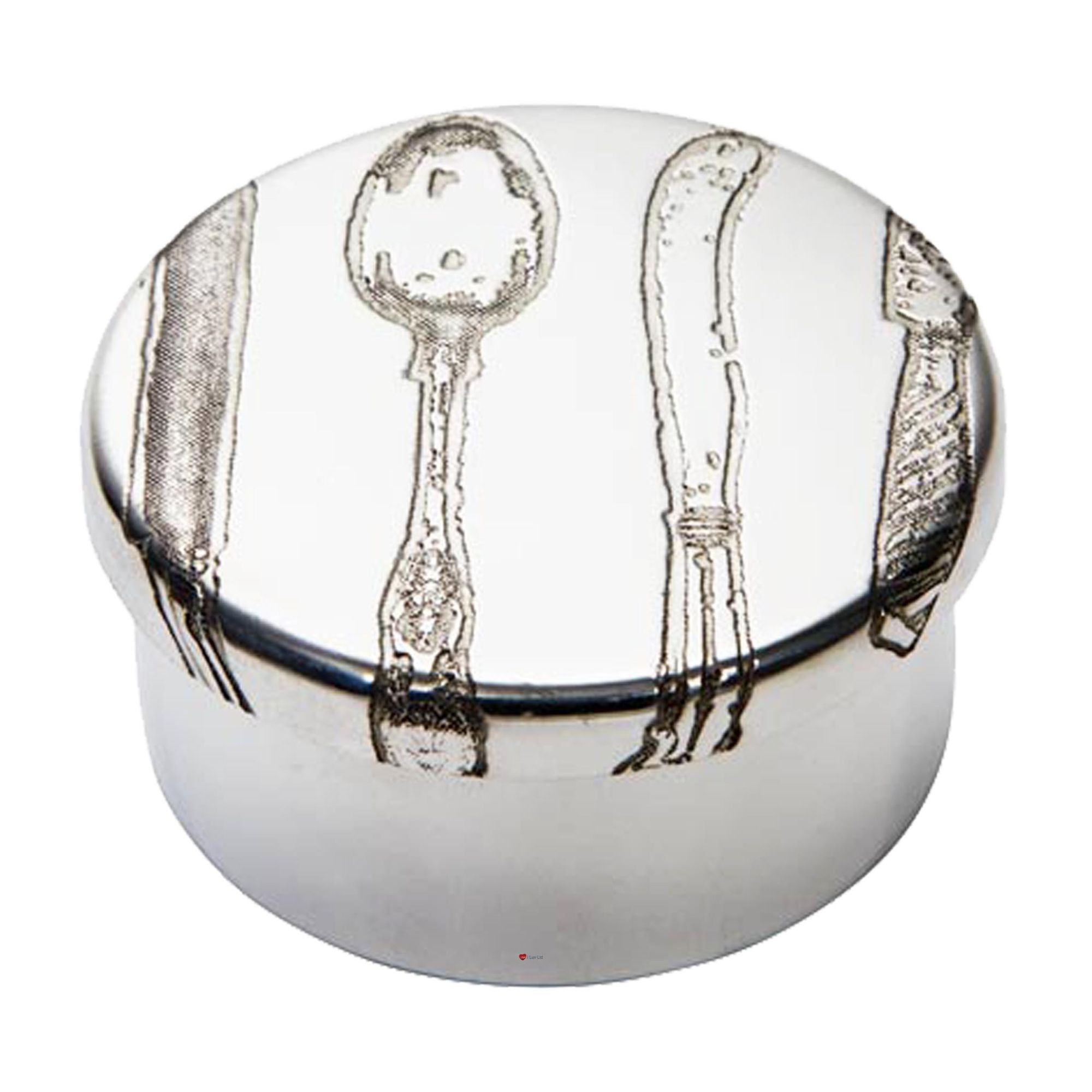 Round ceramic dish with silver spoon and fork design on a white background