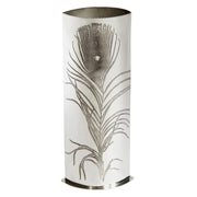 Decorative umbrella stand with peacock feather design on a white background