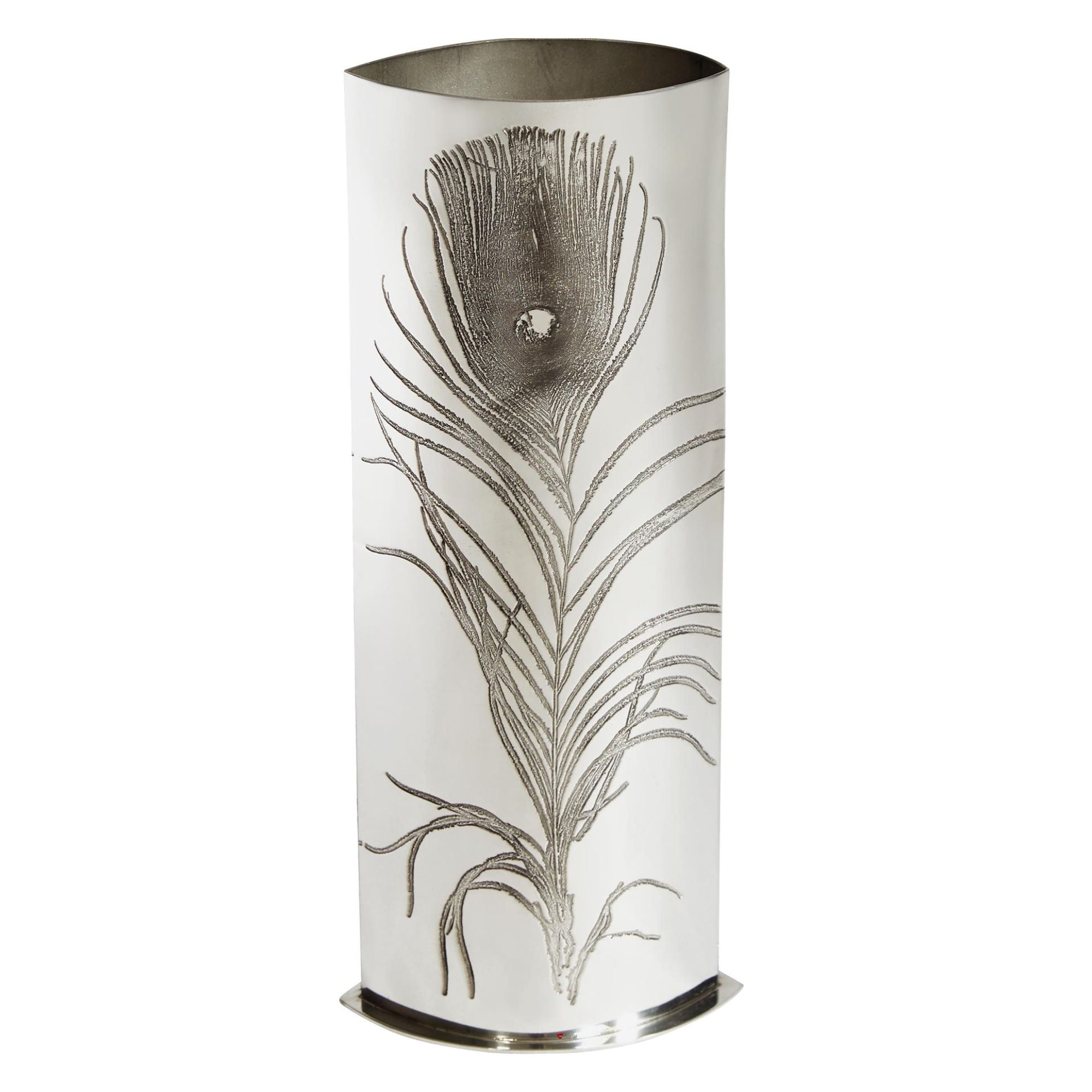Decorative umbrella stand with peacock feather design on a white background