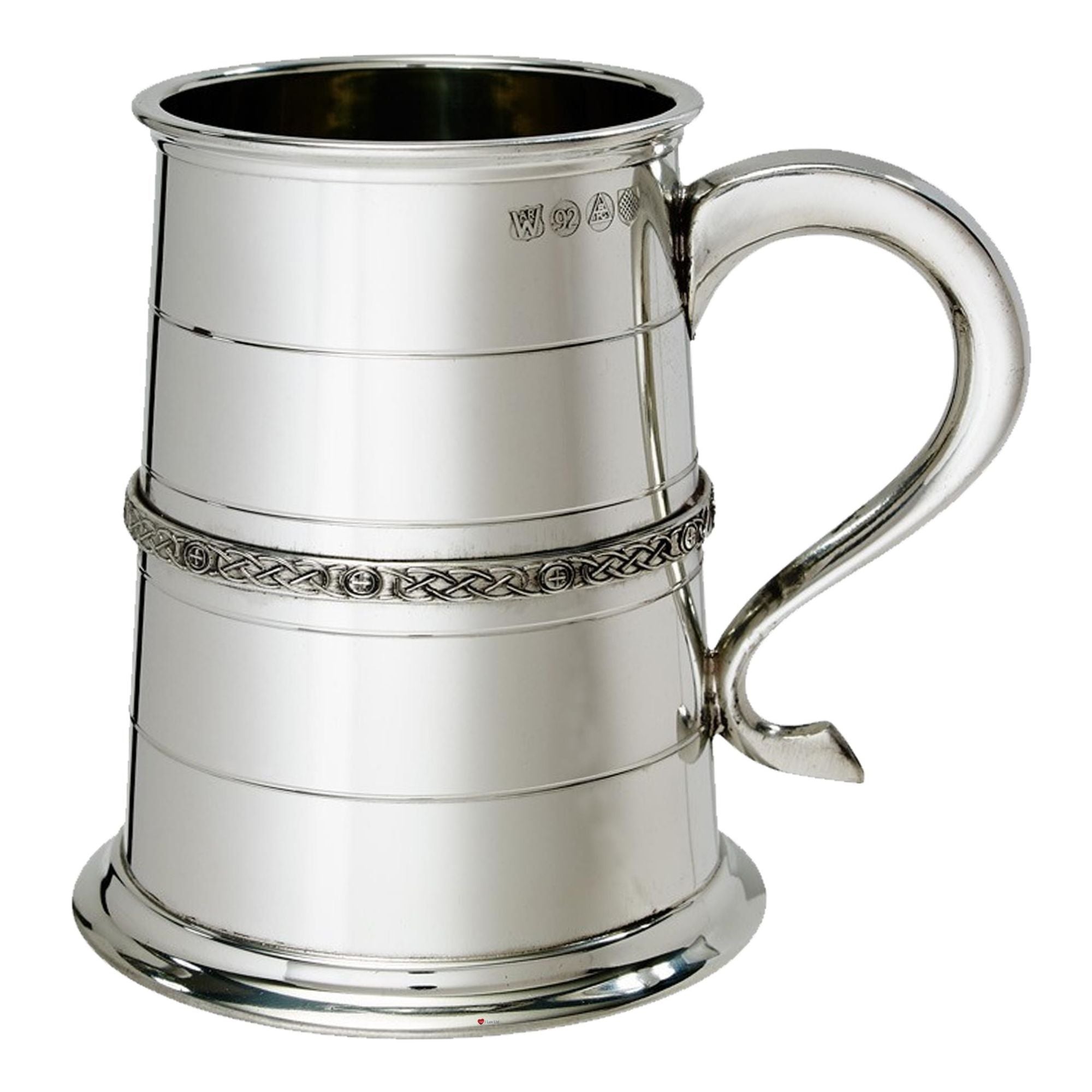 Silver tankard with decorative band and handle on a white background