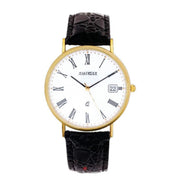 Watch with black strap and gold case on a white background