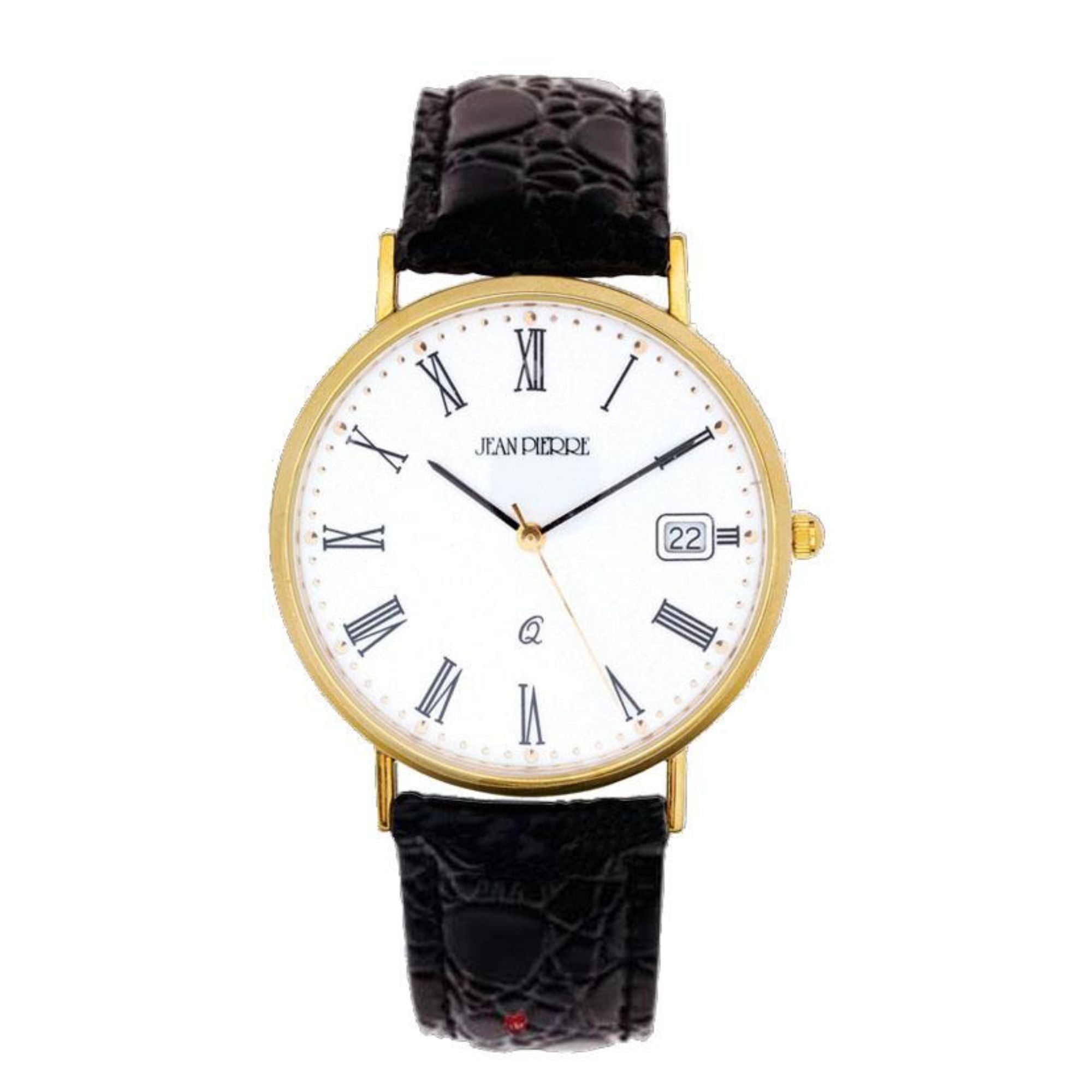 Watch with black strap and gold case on a white background