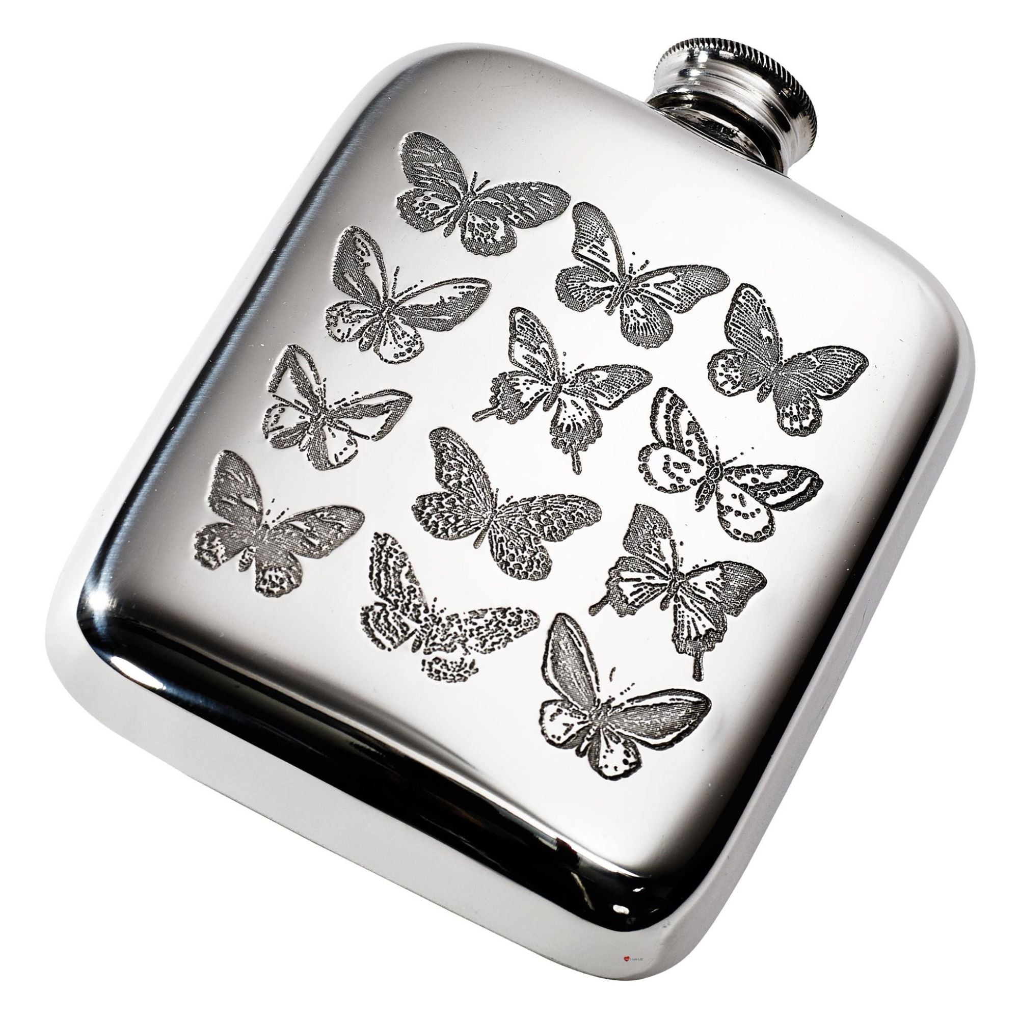 4oz Flask Pewter Butterfly Design Embossed Polished Screw Perfect for Engraving