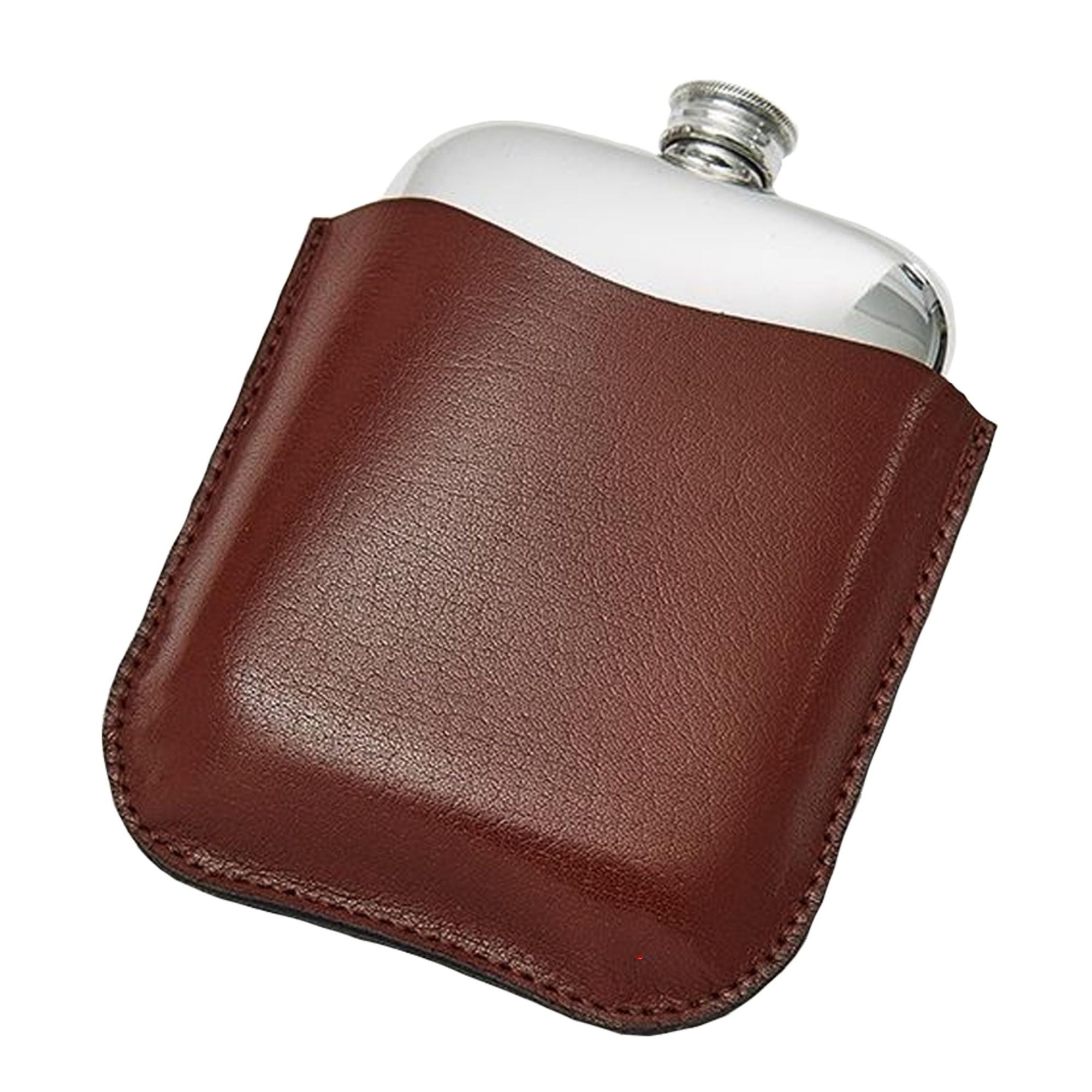 Silver flask with a brown leather cover on a white background