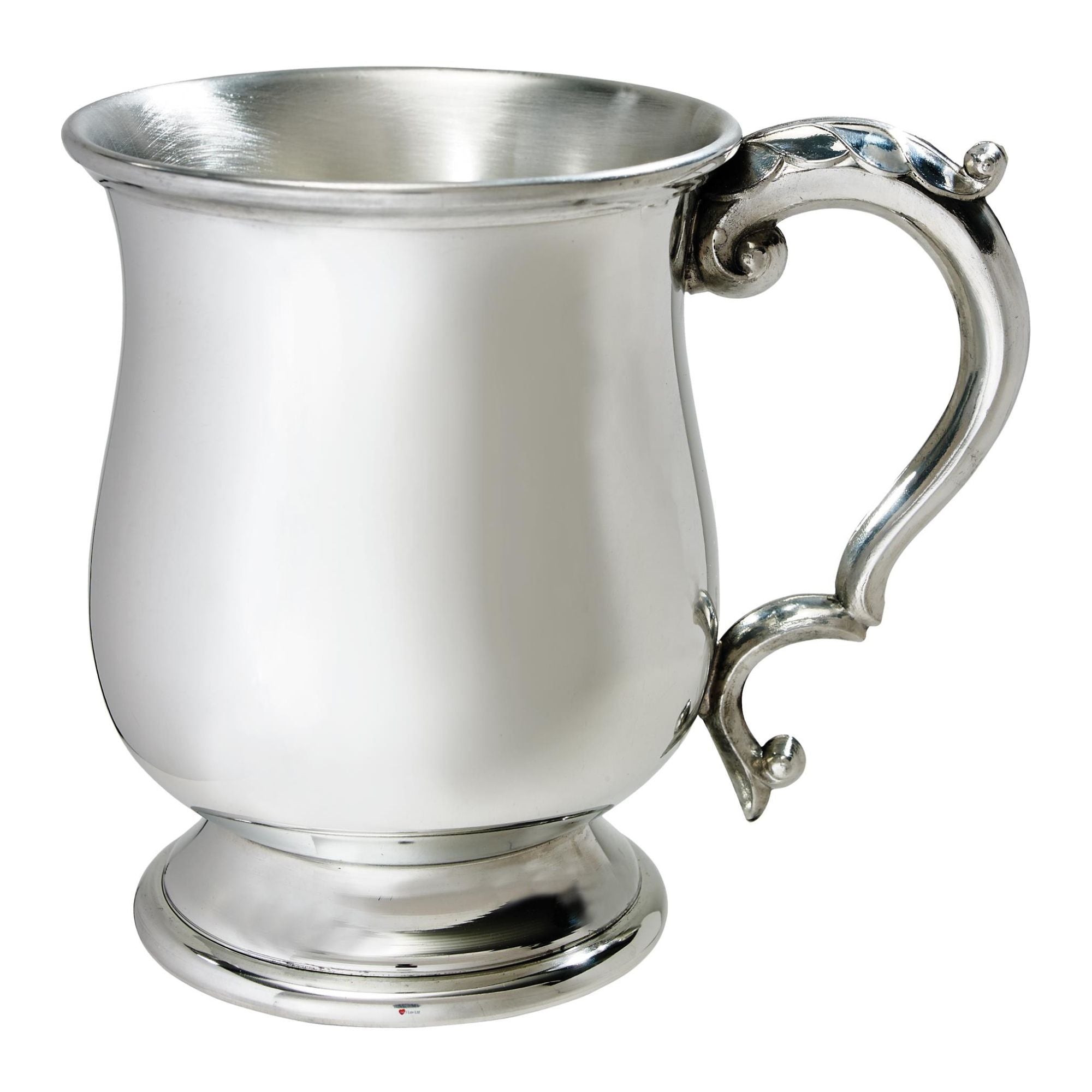 Silver mug with decorative handle on a white background